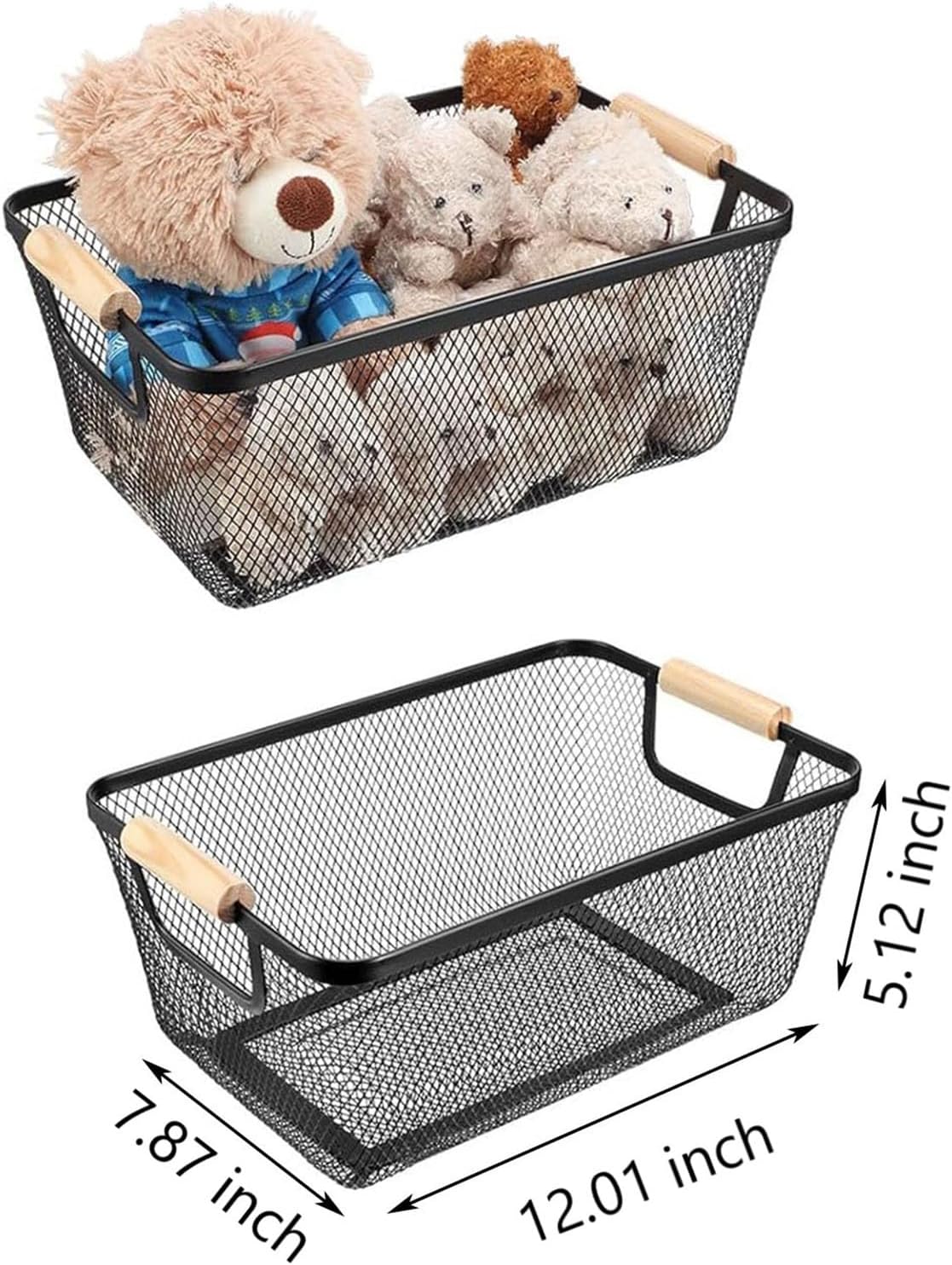 Metal Mesh Steel Basket, Medium Wire Storage Organizer Basket Multi-function Hanging Kitchen Basket with Wood Handle for Kitchen Bathroom Picnic Home, Rectangle-Black