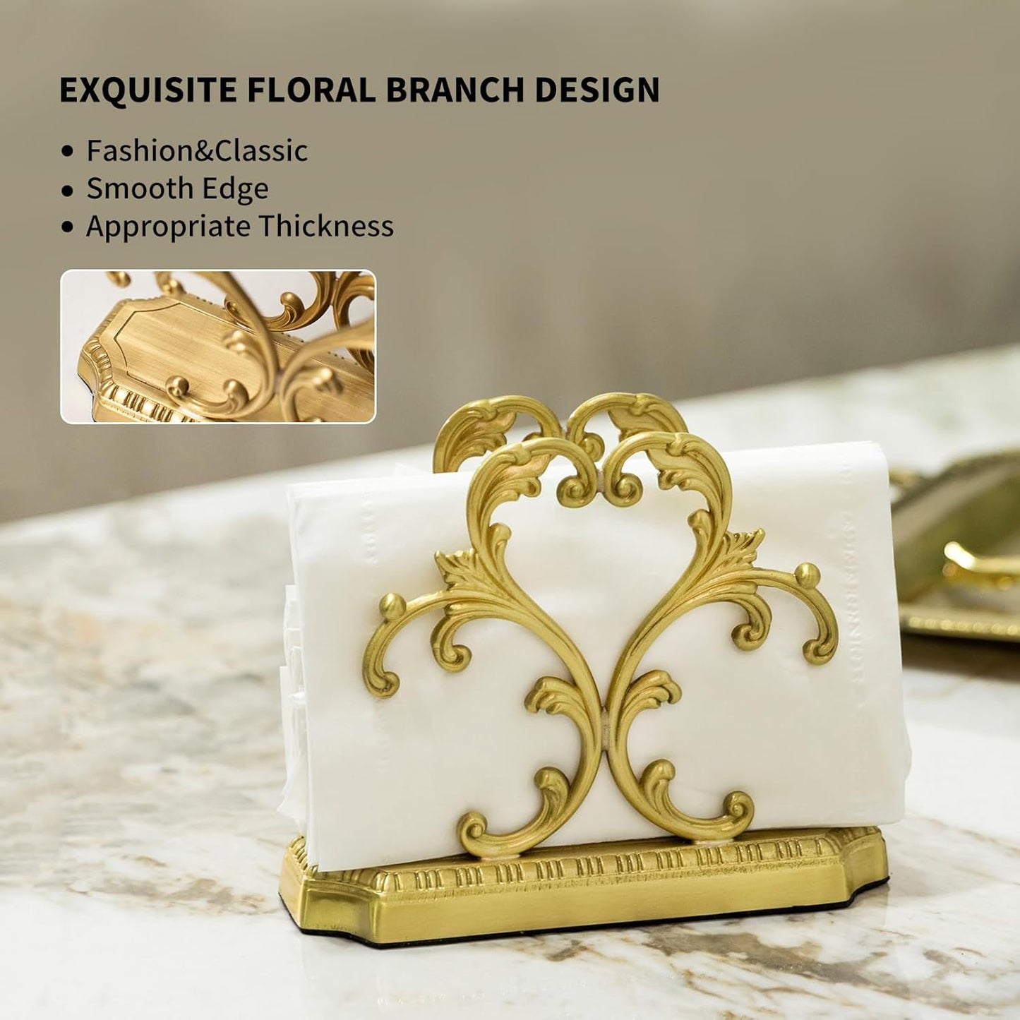 Luxurious Gold Napkin Holder for Table,Brass Napkin Holders for Paper Napkins & Kitchen Dining & Countertops, Cocktail Upright Napkin Holder Dispenser Suitable for All Room Decors