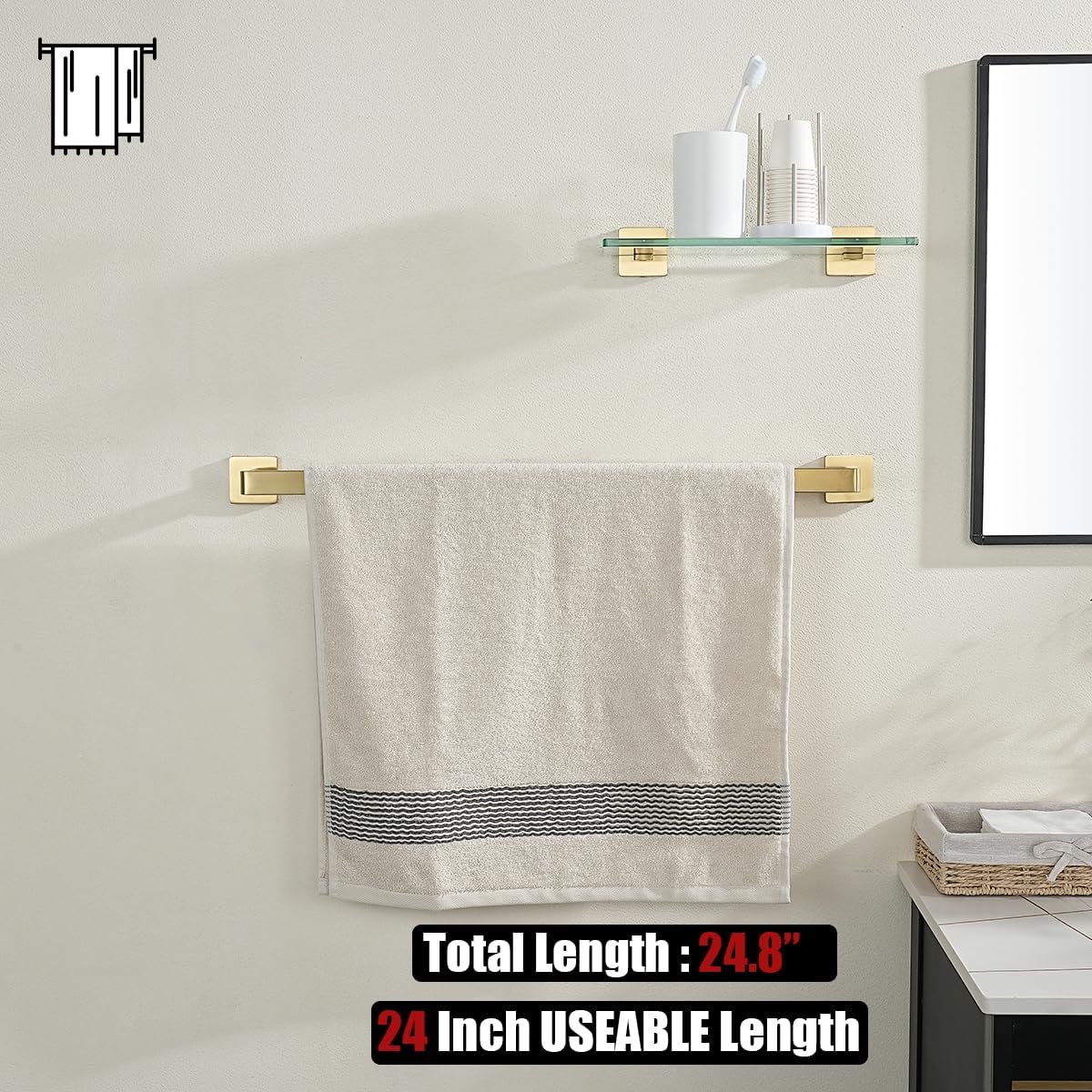JQK Gold Towel Bar, Rounded Edges 26.41 Inch Towel Rack, 304 Stainless Steel Bathroom Wall Mount, Useable Length 24 Inch, TB250L24-BG