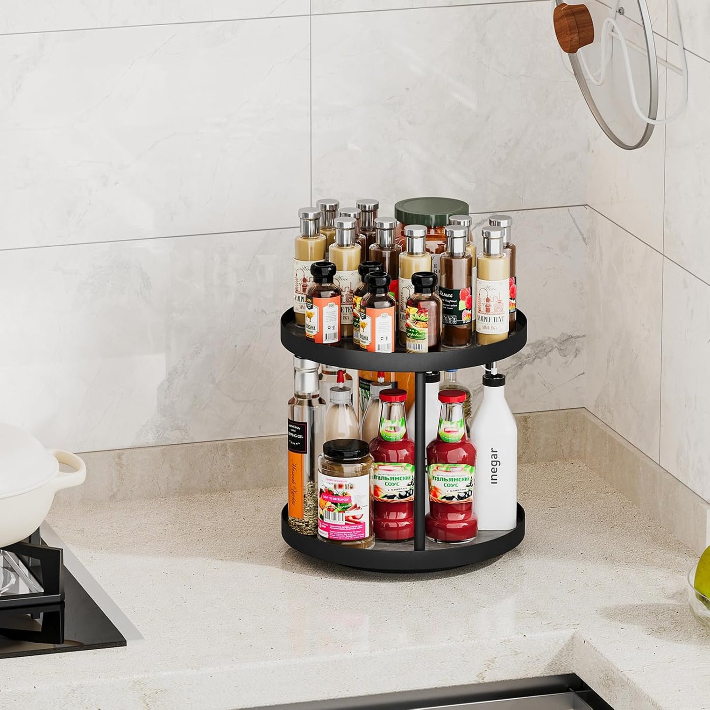 Giikin 2 Tier Lazy Susan Organizer, Two Tier Lazy Susan Turntable for Kitchen Countertop Spice Rack Organizer (Grey, 9.8" x 9.8" x 8.8")