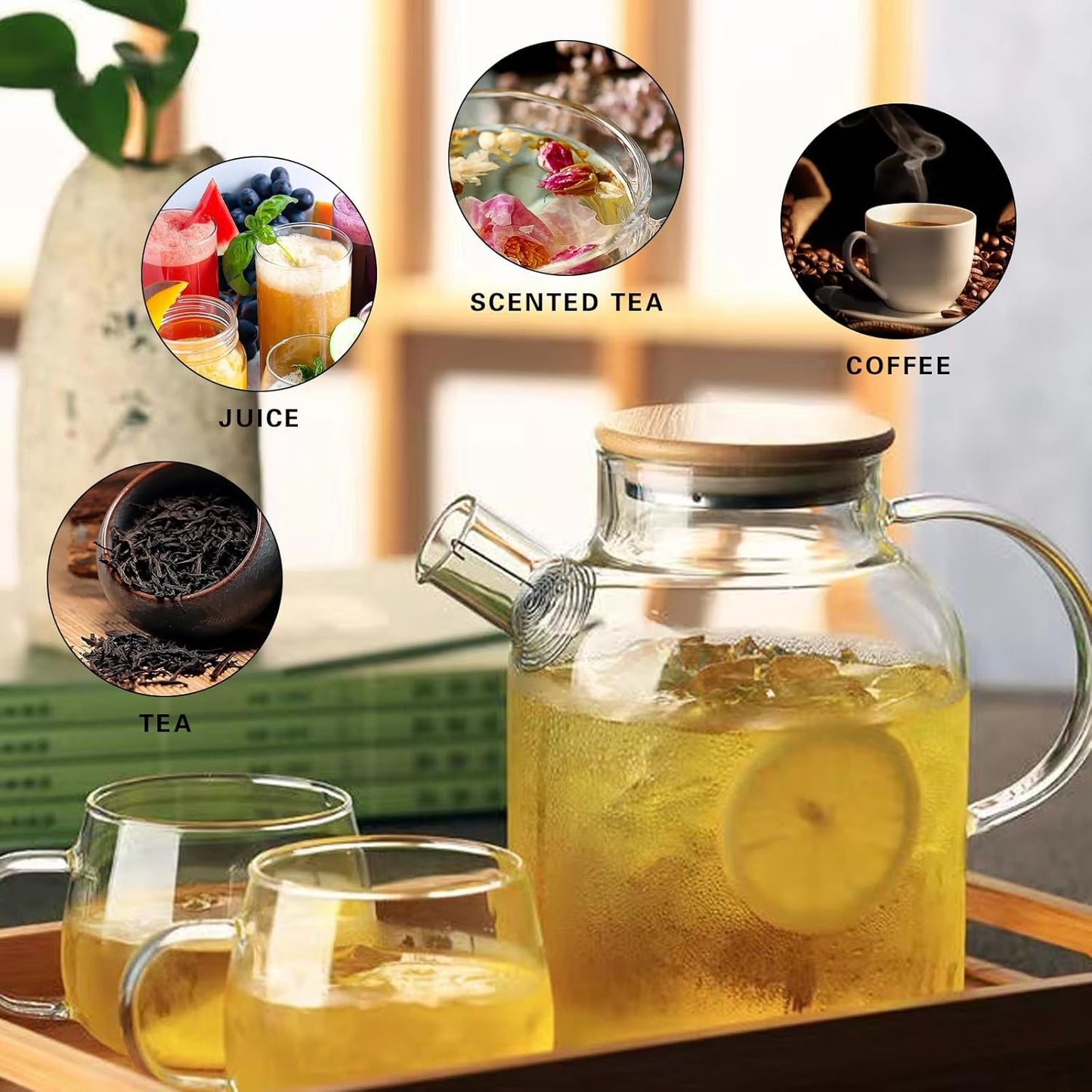SHUWEICAO- Glass Teapot, Stovetop and Microwave Safe Glass Borosilicate Teapot, 60.8 oz Clear Glass Pitcherwith Natural Bamboo Lid and Removable Filter for Making Flower Tea and Juice
