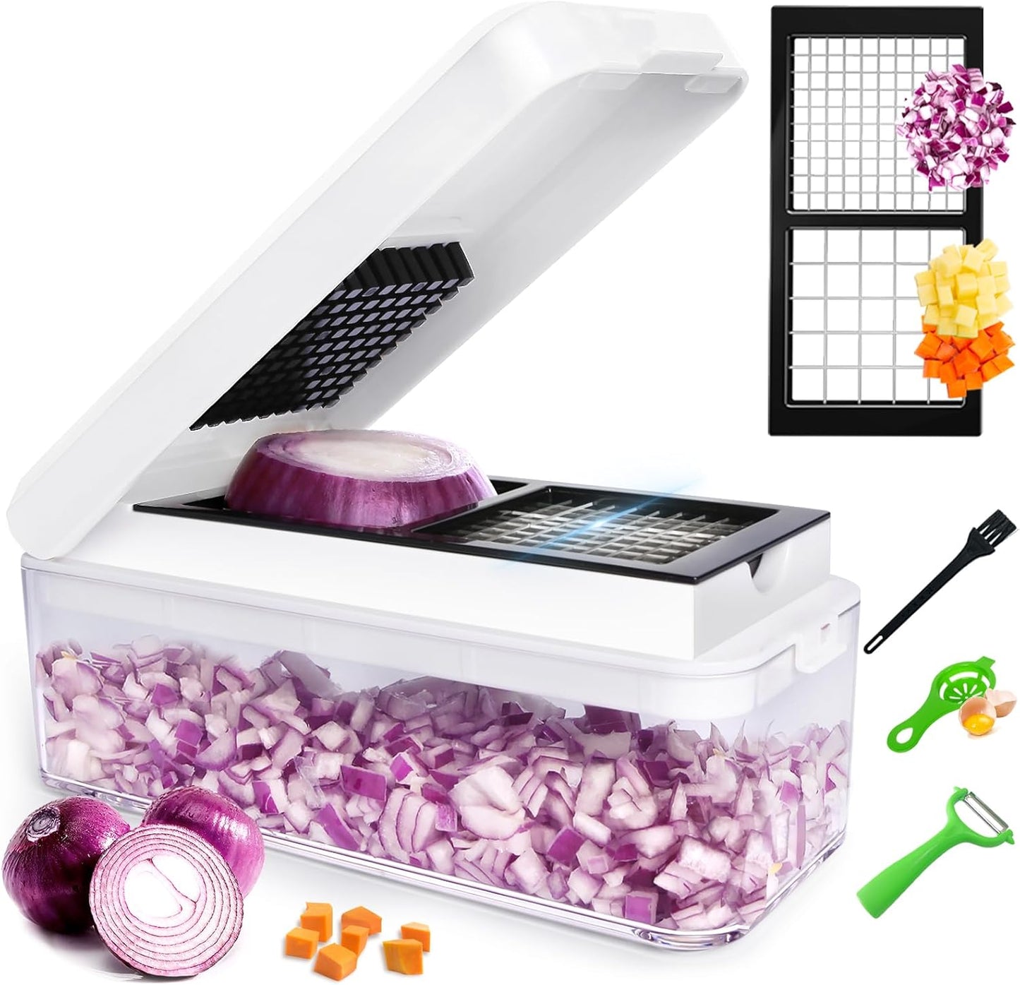 Vegetable Chopper, Onion Chopper Dicer, Mandoline Slicer, Food Chopper with Container, Vegetable Cutter for Salad Potato Carrot Garlic（2 Blades, White Black）