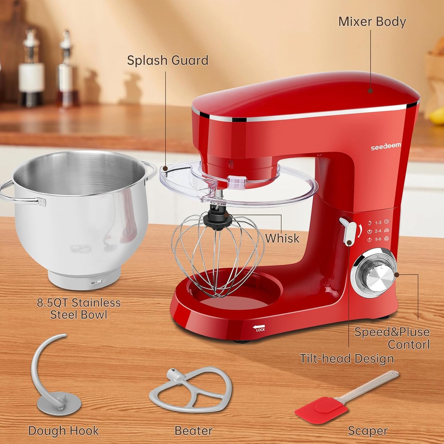 SEEDEEM Stand Mixer, 8.5 Qt 660W Tilt-Head Kitchen Mixer with 6+P Speeds, Dough Hook, Wire Whip & Beater, Dishwasher-Safe Attachments, Red – Ideal for Baking & Daily Use, Red