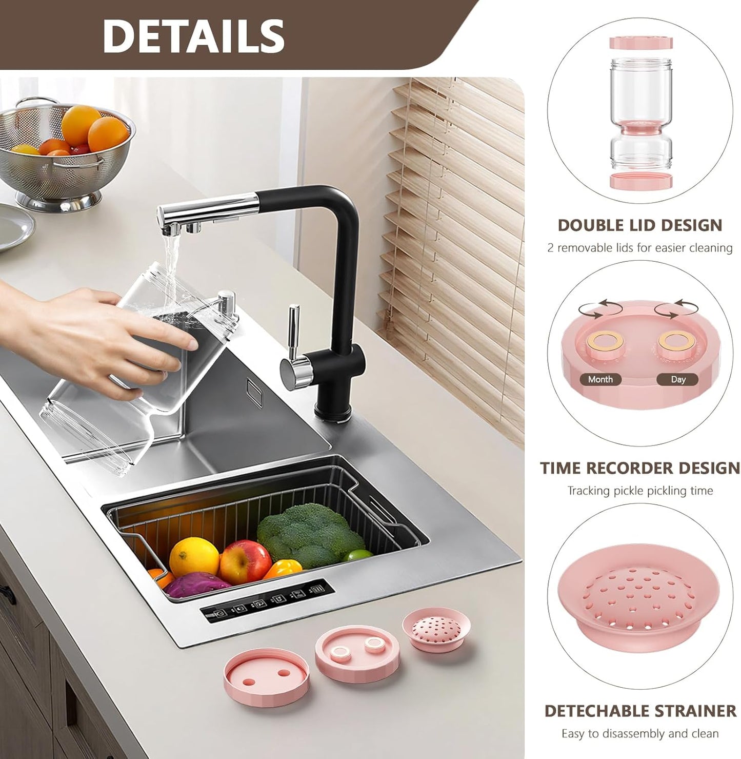 Pickle Jar with Strainer Flip, 51oz Glass Pickle Container with Strainer,Airtight Mason Pickles Jars for Olive Kimchi Capers Kosher Dill,Food Storage Containers with Lids for Pickles Lover