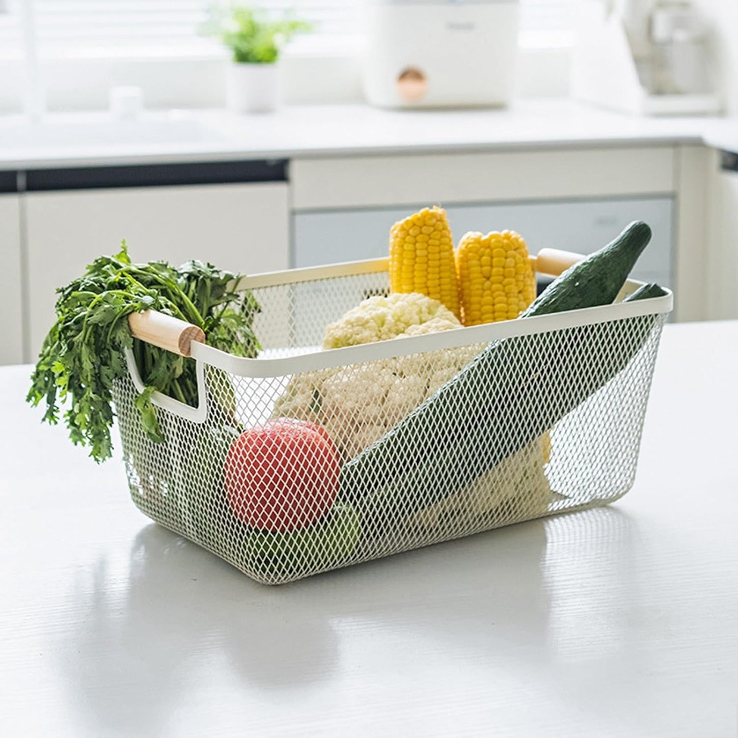 Metal Mesh Steel Basket, Large Wire Storage Organizer Basket Multi-function Hanging Kitchen Baskets with Wood Handle for Kitchen Bathroom Picnic Home, Rectangle-Off White