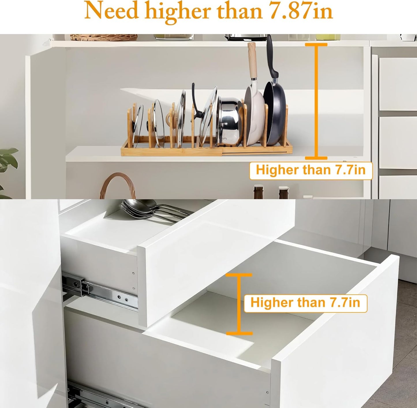 MinBoo Bamboo Expandable Pot Lid Organizer, Pot and Pan Organizer Drawer Organizer for Pot Lids, Adjustable 8 U-Shaped Dividers for Kitchen Cabinet Organizers and Storage