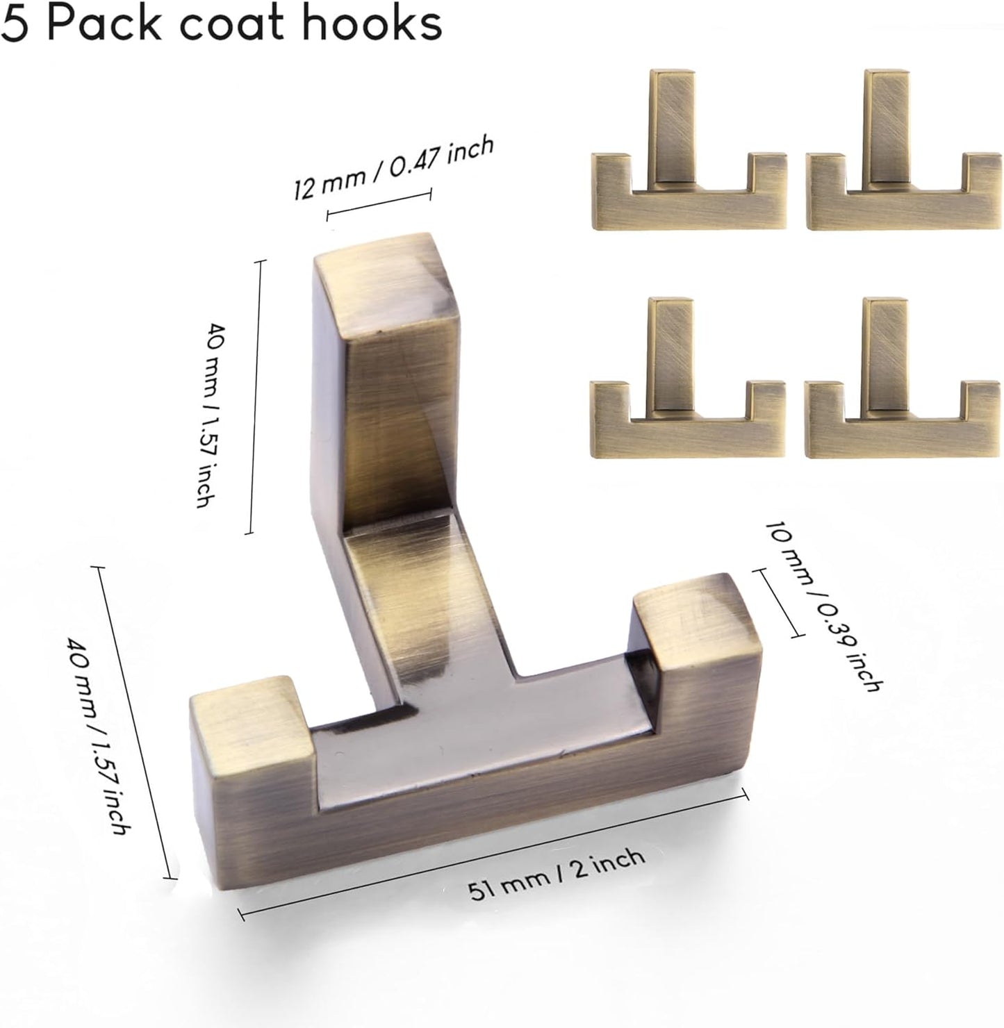 5 Pack Heavy Duty Coat Hook Wall Mount with Screw Retro Double Coat Hook Utility Hook for Coats, Scarves, Bags, Towels, Keys, Hats, Mugs (Bronze)