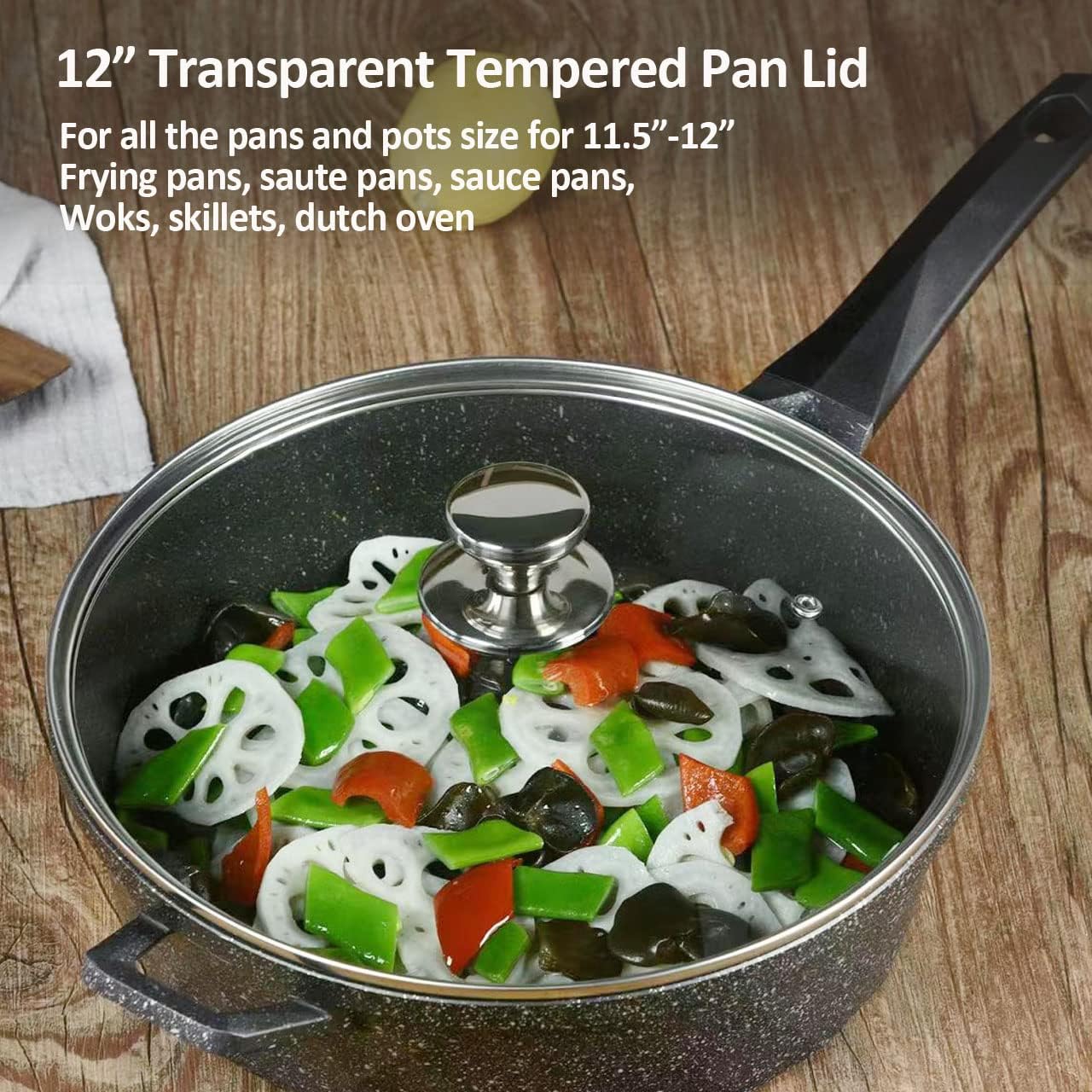 12" Glass Lid for Frying Pan, Tempered Replacement Cover Compatible with All 12 inches Cookware for Skillets, Round Cast Iron, Cast Aluminium, Stainless Steel Pans &Pots