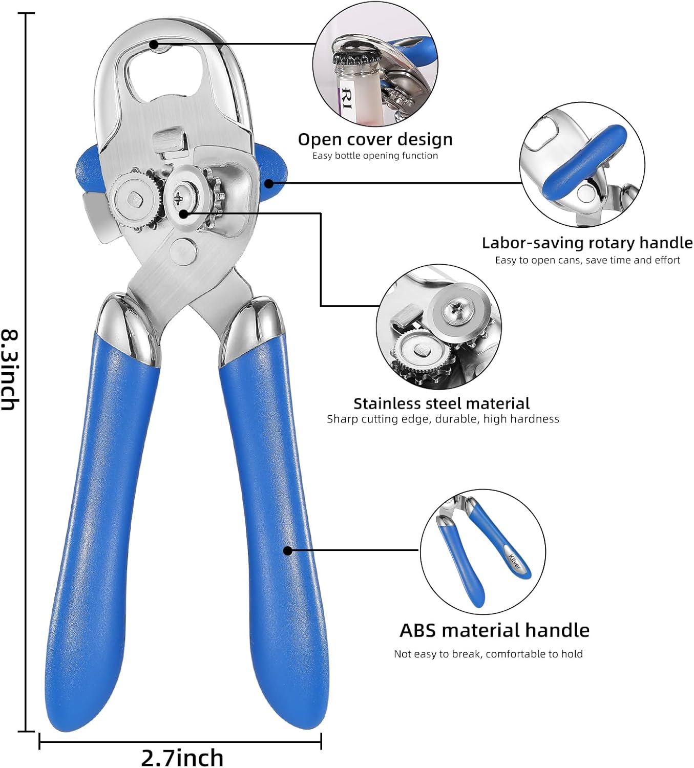 Multi-function Manual Can Opener Bottle Opener, Oversized Hand-held Easy Rotary Knob, Safe Cut Can Opener with Non-Slip Handle, Smoother Cut Sharp Blade for Seniors Kitchen Tool, Blue