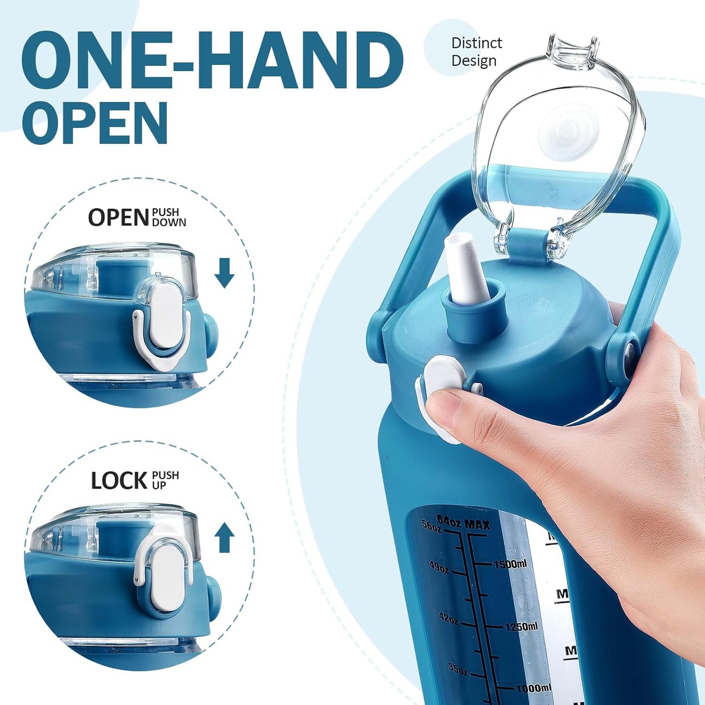 kytffu 64oz Glass Water Bottles with Straw, Half Gallon Motivational Glass Bottle with Silicone Sleeve and Time Marker, 2L Leakproof Large Glass Water Jug for Gym Home Office,Iron Blue