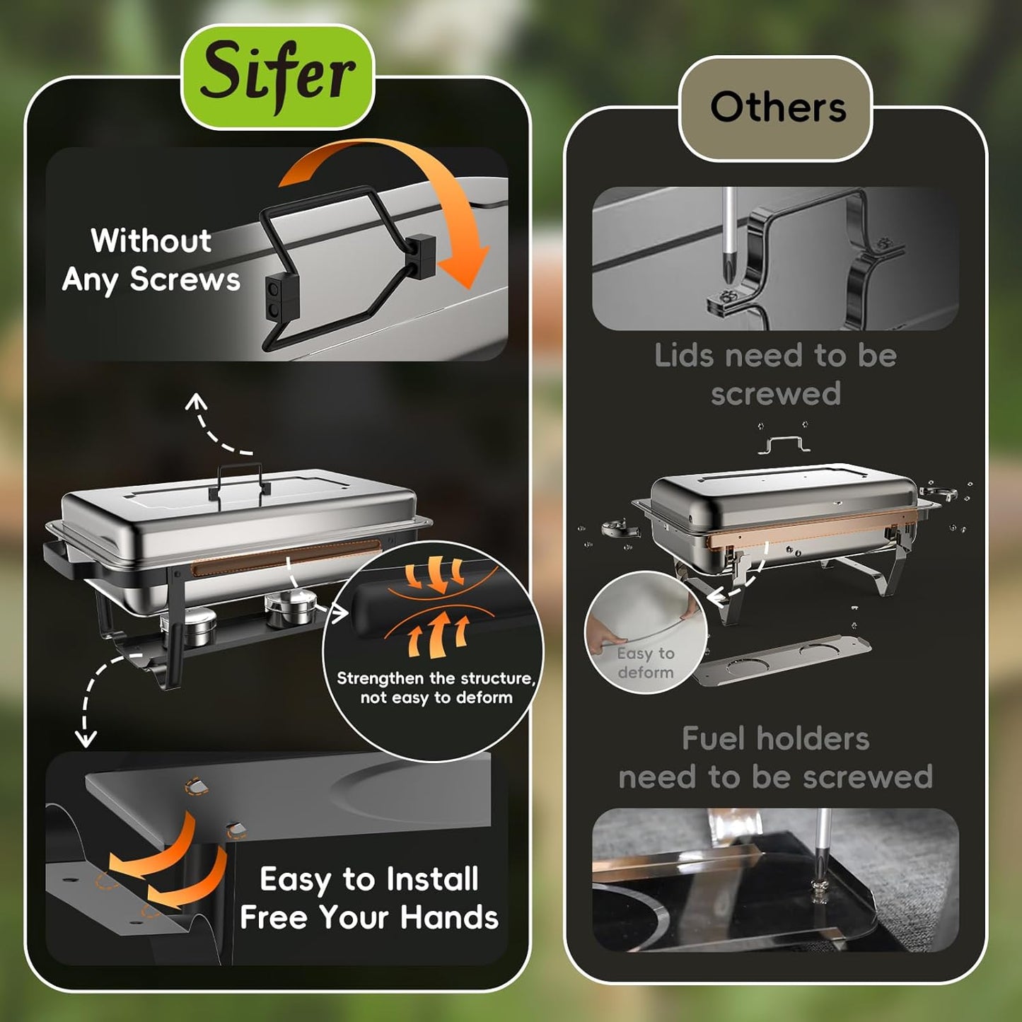 sifer Chafing Dishes for Buffet 9Qt 2 Pack [Multi-Size Food Pans] | Chafing Dishes with 80% Faster [Screwless Installation] and Stacking Design [Easy Storage] for Fathers Day Party/Wedding