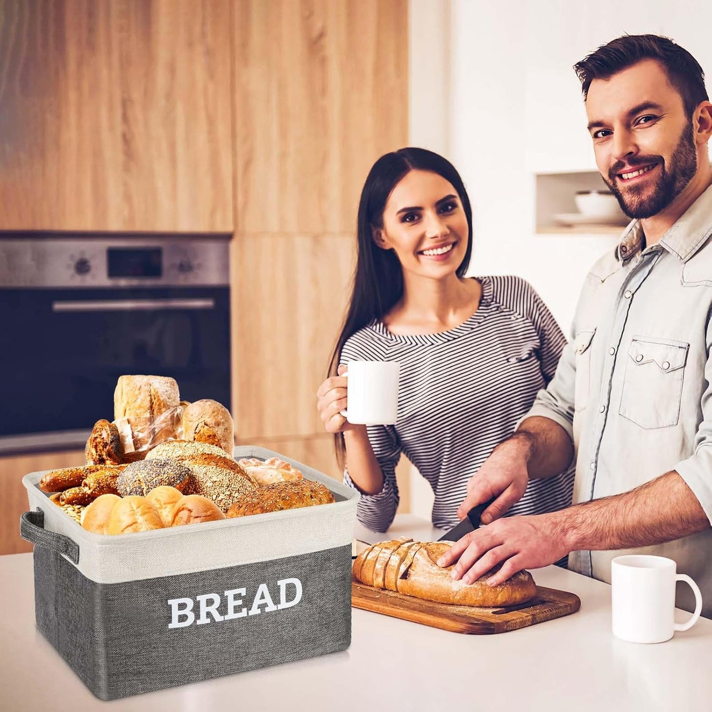 Bread Storage Basket for Kitchen, Foldable Fabric Bread Keeper Bread Storage Container Bin with Handles, Bread Baskets for Kitchen Counter and Pantry (White & Grey)