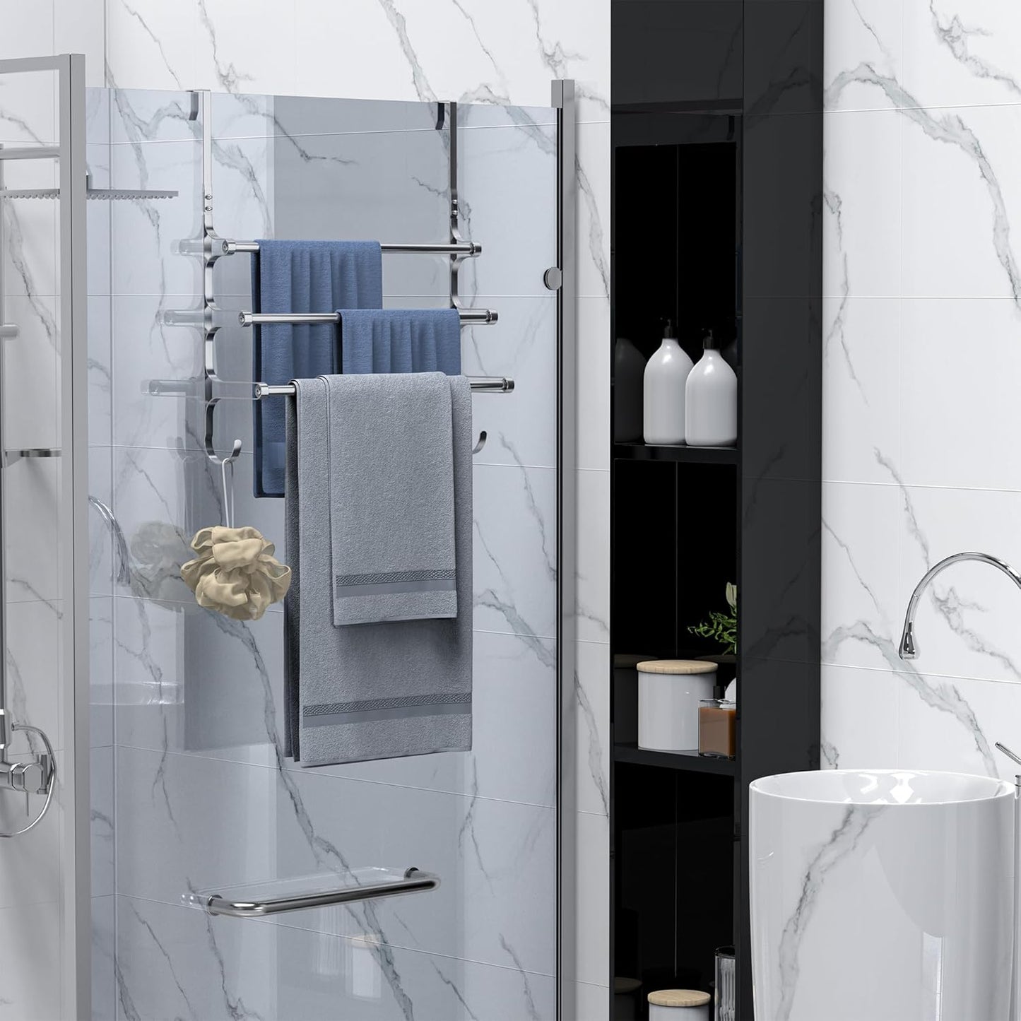 Over The Door Towel Rack, Over Door Towel Rack for Bathroom Door, Triple Towel Storage Holder with Hooks (Silver Gray, 17.32" L)