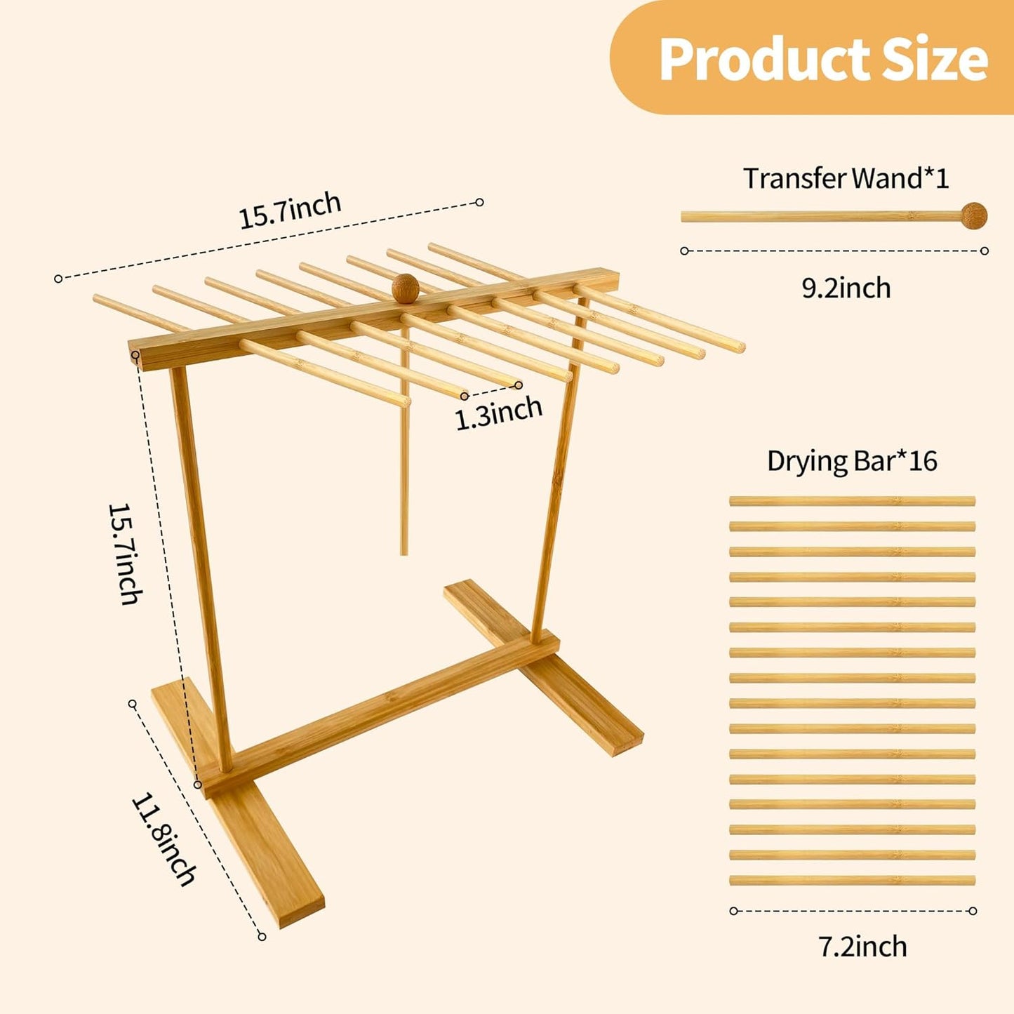 Bamboo-Pasta-Drying-Rack With Transfer Wand & 16 Arms, Large Tall Collapsible Fresh Pasta Dryer Holder For Homemade Noodle, Spaghetti, Tagliatelle, Detachable Fettuccine Hanger Stand With 16 Bars