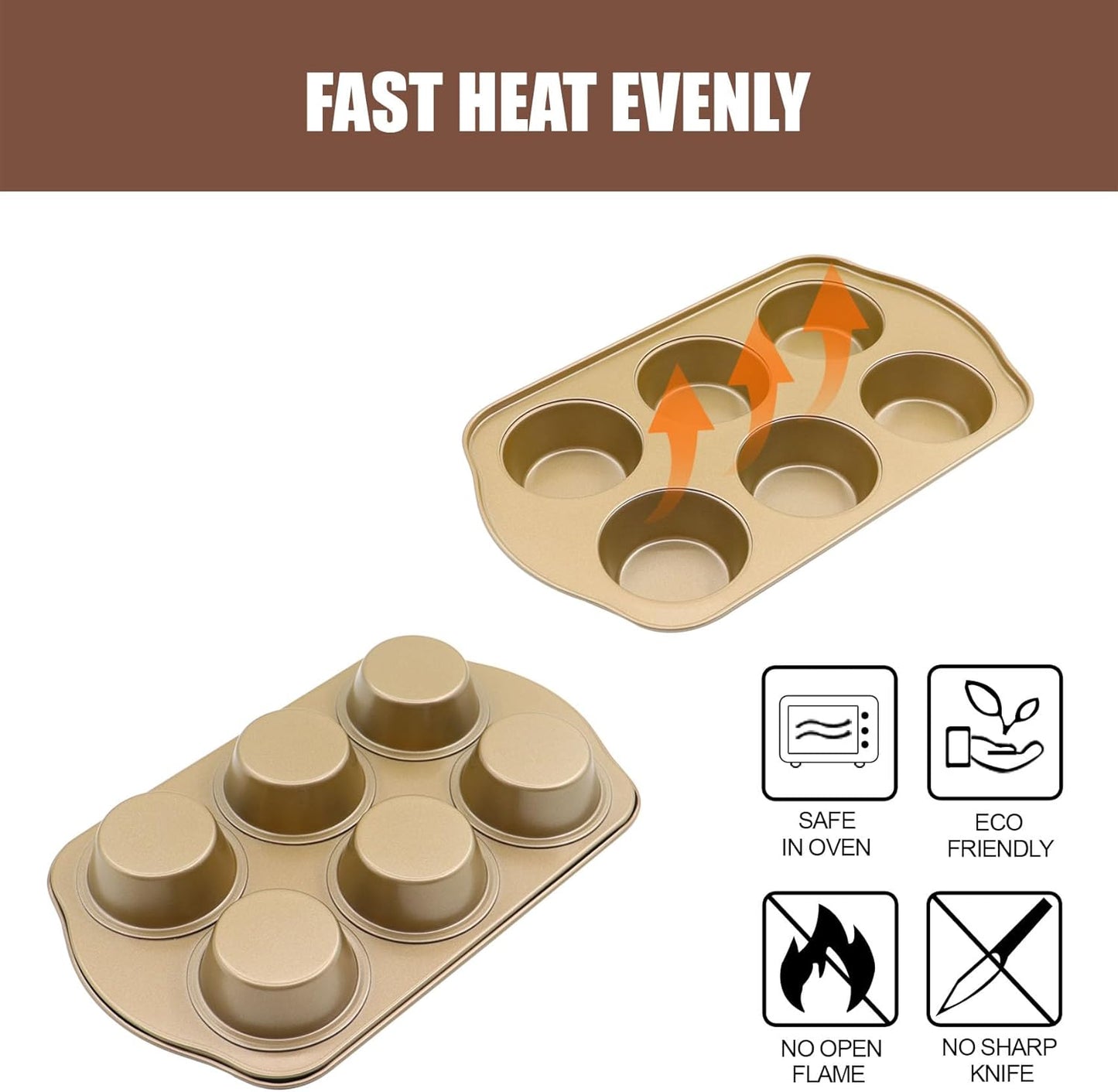 Nonstick 6 Cup Standard Muffin Pan, Cupcake Pan Set, Muffin Tins for Oven, 2 Pack, Gold