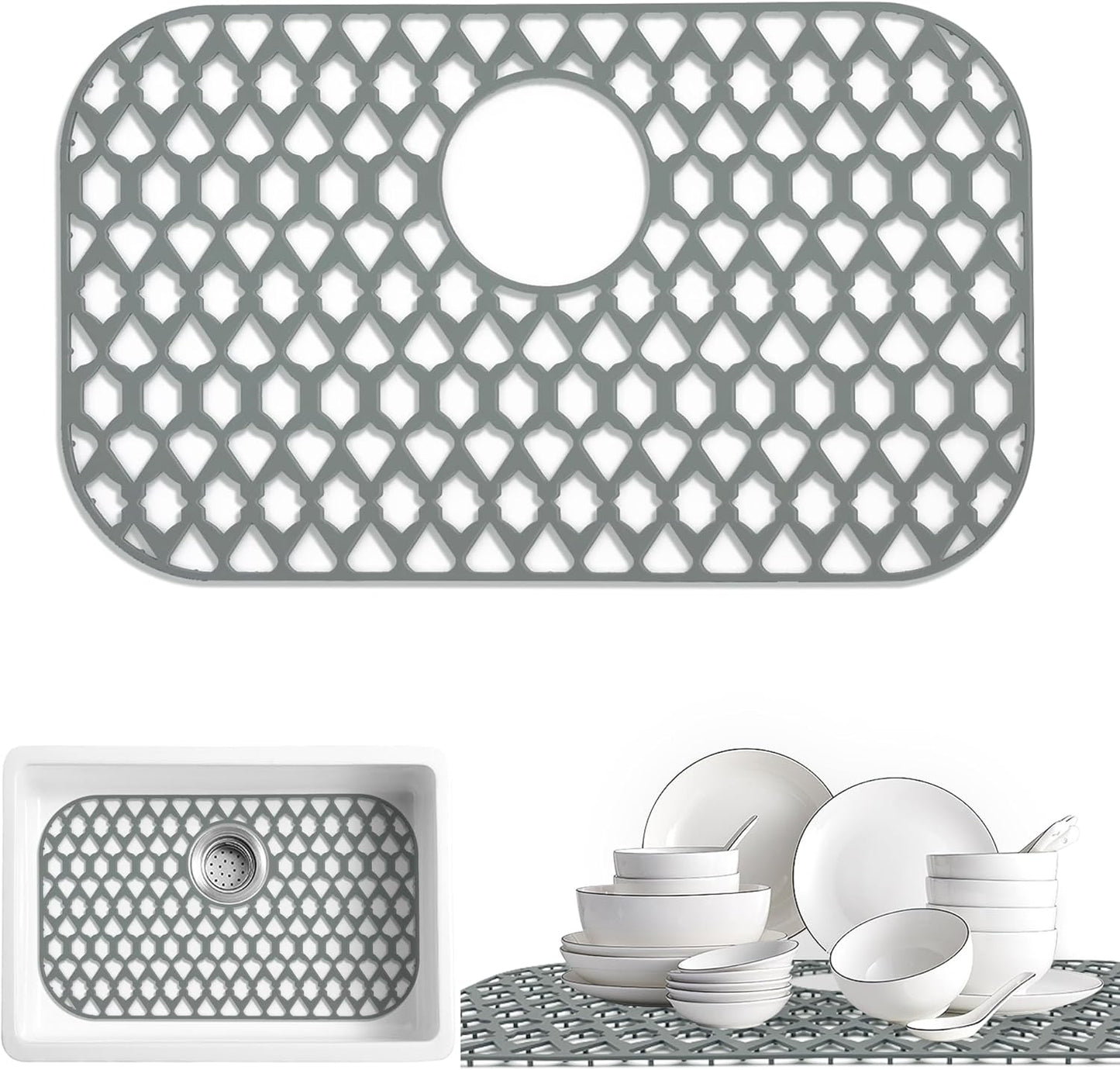 Sink Protectors for Kitchen Sink 19x14 & 21x16 & 22x13 & 26x14 & 28x14.4 & 30x16, Large Silicone Sink Mats Grid for Bottom of Farmhouse Stainless Steel Sink (22”x13”, Rear Drain)