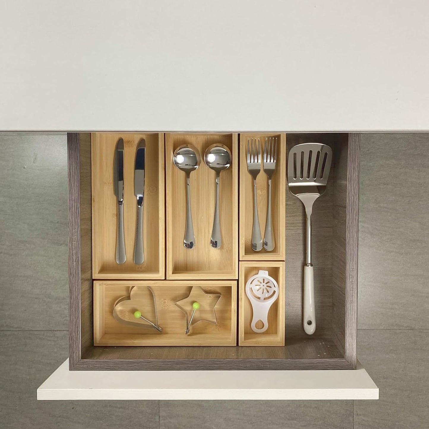 bamboo drawer organizer Set，expandable drawer dividers,wooden storage organizers,large trays for kitchen, bathroom,flatware,Tea Bag Organizer (2 X 5PCS Natural)