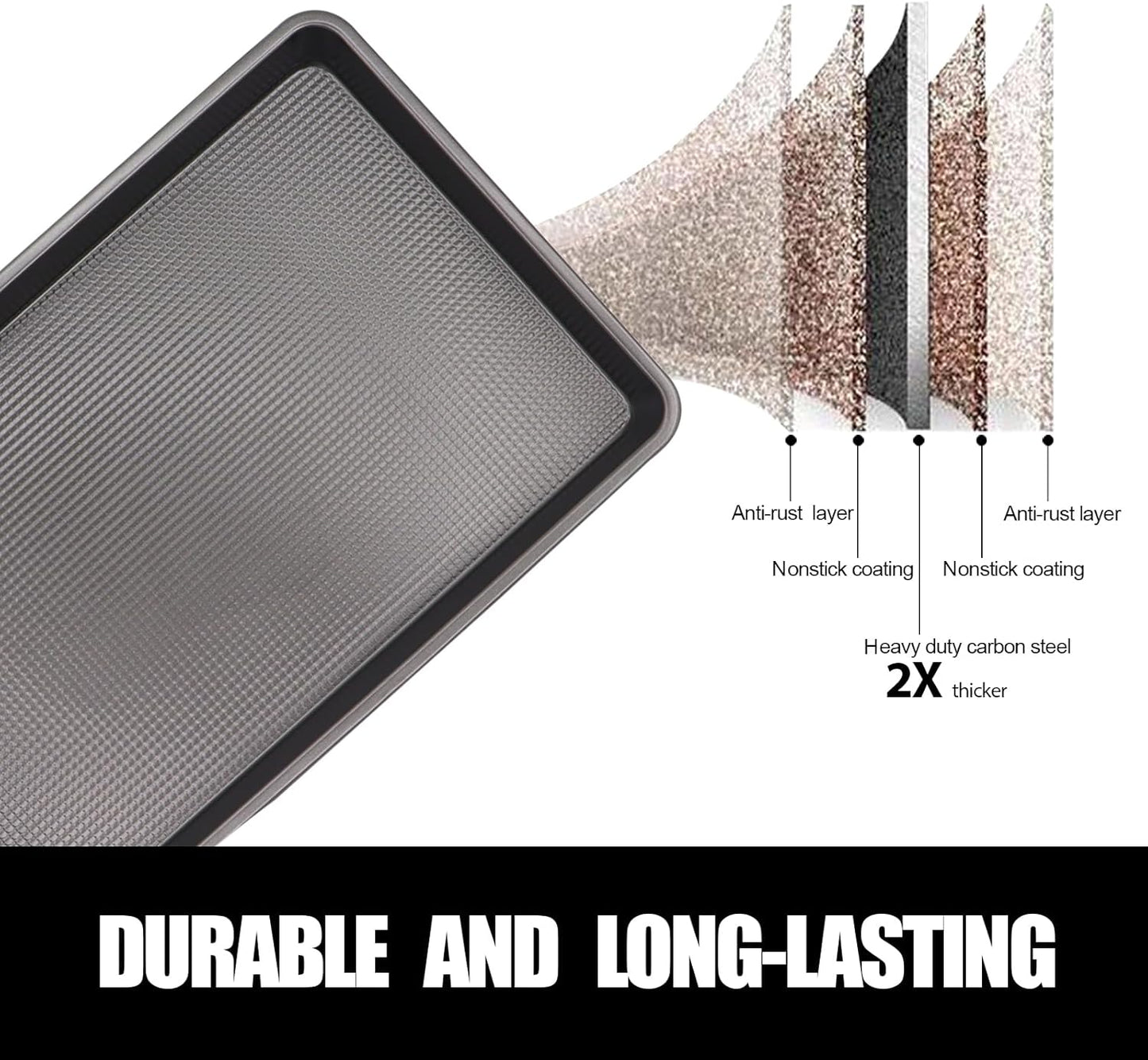 Cookie Sheets for Baking Nonstick, 2 Pack Heavy Duty 0.8mm Dark Gray Sheet Pan Set Quarter(9x13in) & Jelly Roll(10x15in), Diamond Textured Commercial Grade, Small Oven Safe