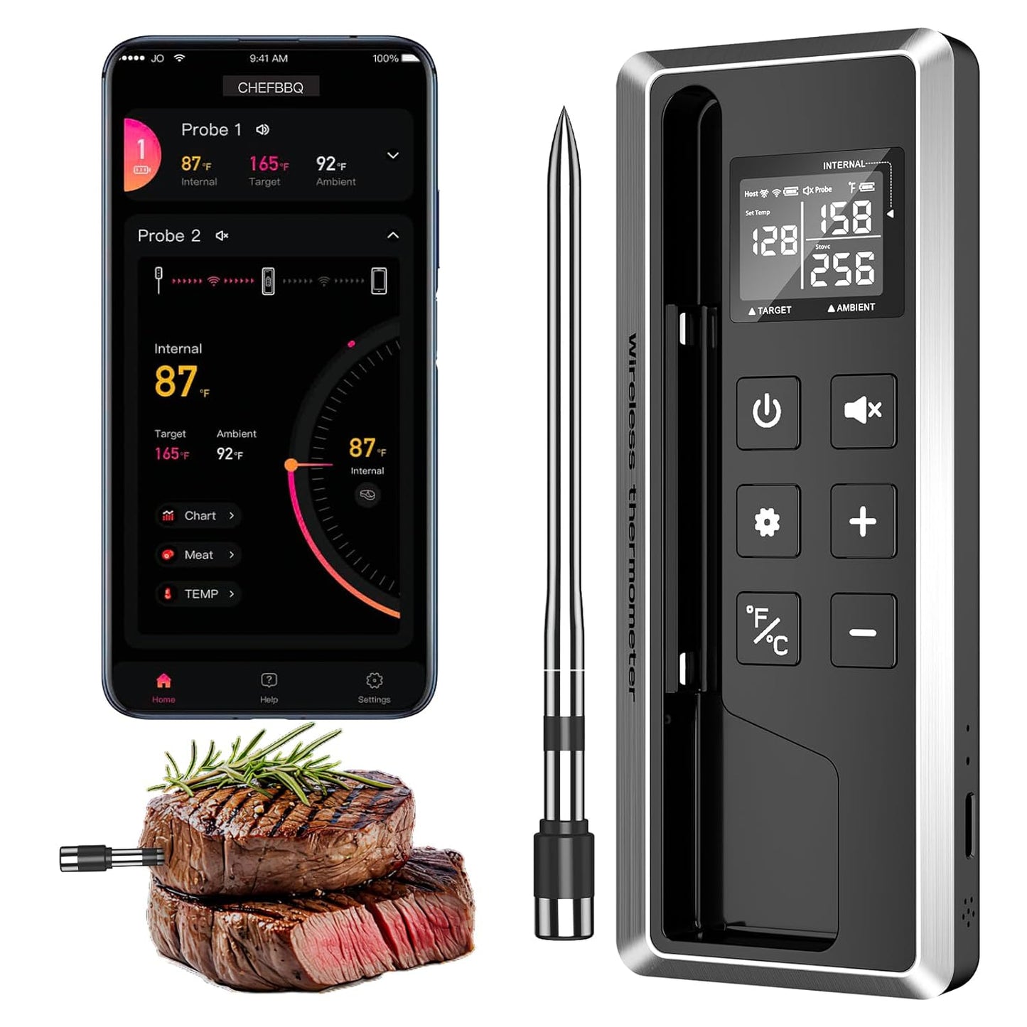 Wireless Meat Thermometer with Smart Timer & APP Control, 800ft Bluetooth Grill Food Thermometer - 0.19In-Ultra Thin Probe, ±0.5℉ Accuracy, Digital Backlit Screen for BBQ, Oven, Smoker, Kitchen