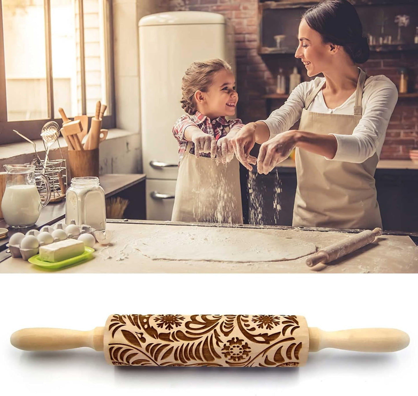 Embossed Wisteria 1 Rolling Pins - Patterned, Flower, Engraved, 3D for Wedding, Holiday, Christmas, Mother, Friends