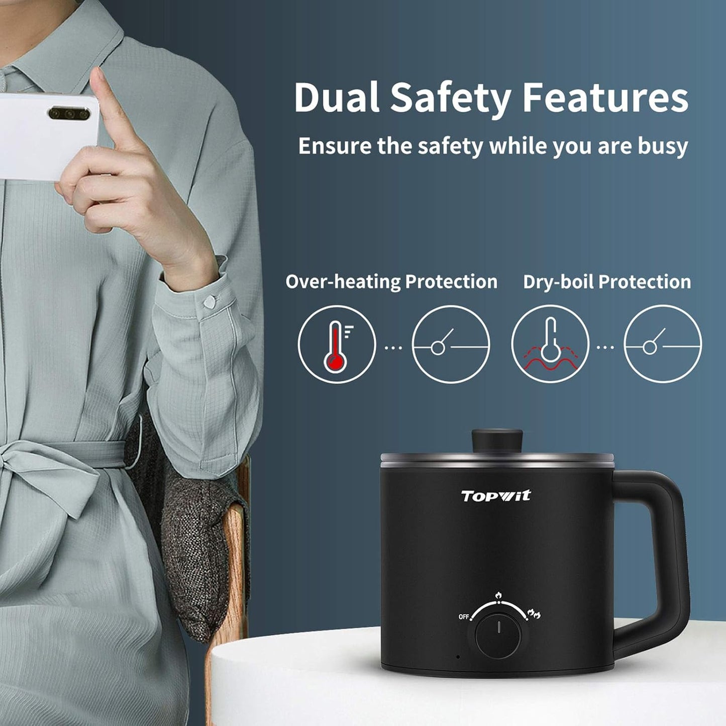 Topwit Hot Pot Electric, Electric Pot, 1.6L Ramen Cooker, Multifunctional Cooker for Pasta, Shabu-Shabu, Oatmeal, Soup and Egg with Over-Heating Protection, Boil Dry Protection, Black