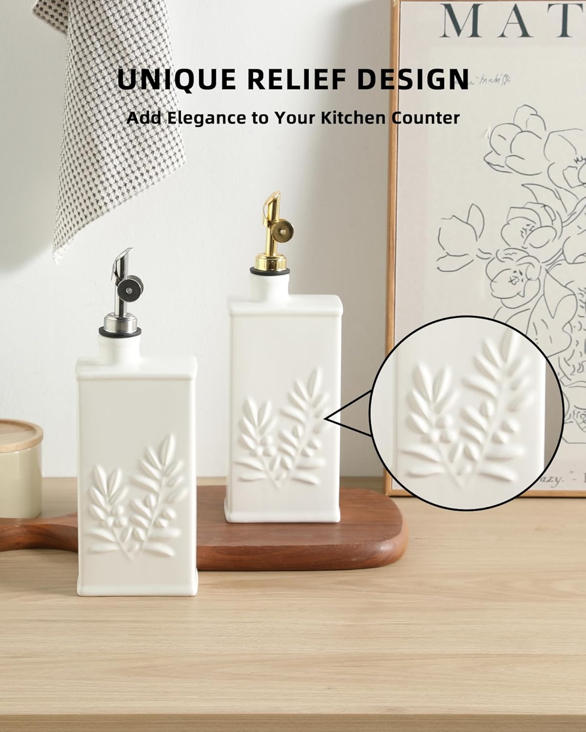 Sweejar Ceramic Olive Oil Dispenser Bottle for Kitchen, 17 Oz Relief Opaque Oil and Vinegar Dispenser Bottle with Spout, Suitable for Soy Sauce, Coffee Syrup, Liquids (White)