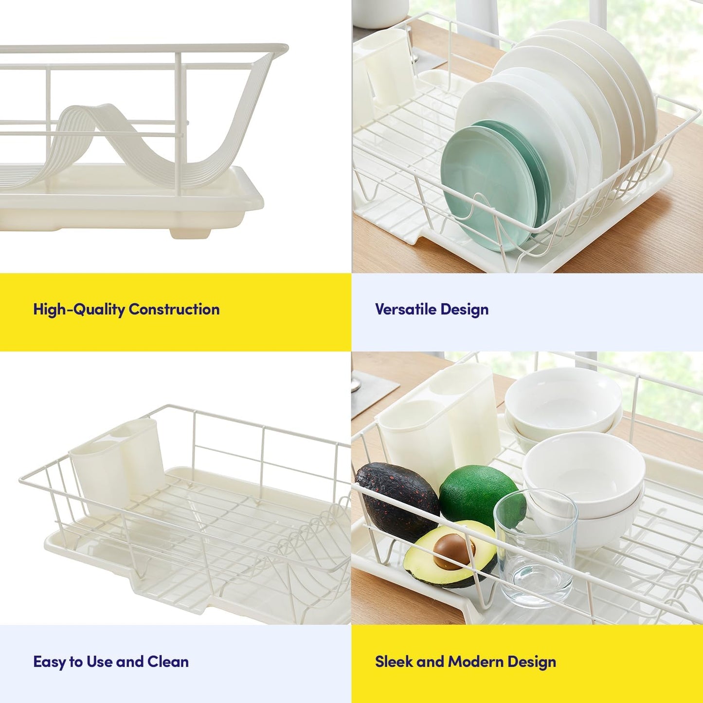 Sweet Home Collection Space-Saving 3-Piece Dish Drainer Rack Set: Efficient Kitchen Organizer for Quick Drying and Storage - Includes Cutlery Holder and Drainboard - Maximize Countertop Space, Ivory