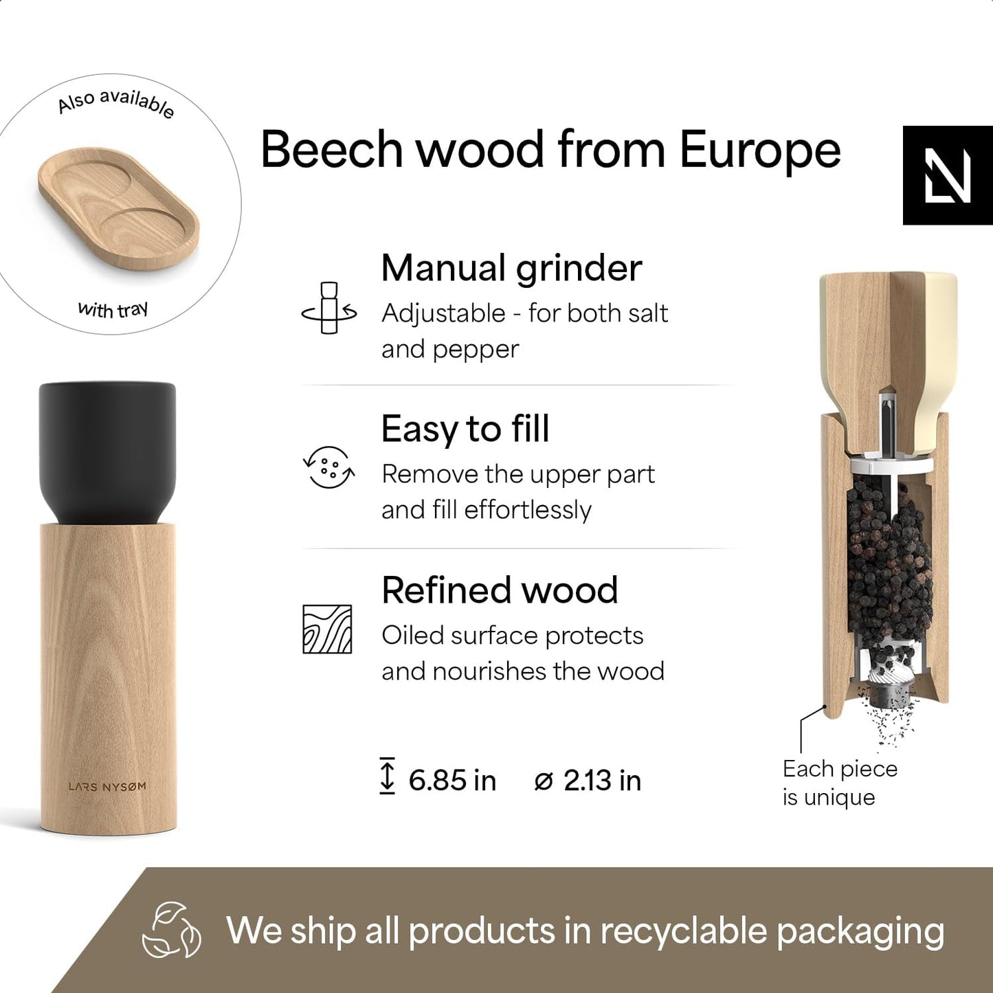LARS NYSØM Wooden Salt and Pepper Grinder Set Manual - Salt and Pepper Mills with Adjustable Ceramic Grinder - Elegant Beechwood Pepper and Salt Mill Set for Dining Table (Black/Beige)
