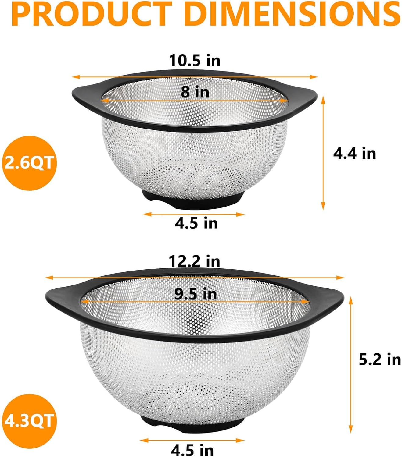 Rorence Stainless Steel Colanders Set for Kitchen - 2.5 and 4.3 Quart Capacities Kitchen Strainer Set of 2 with Black Non-Slip Handles