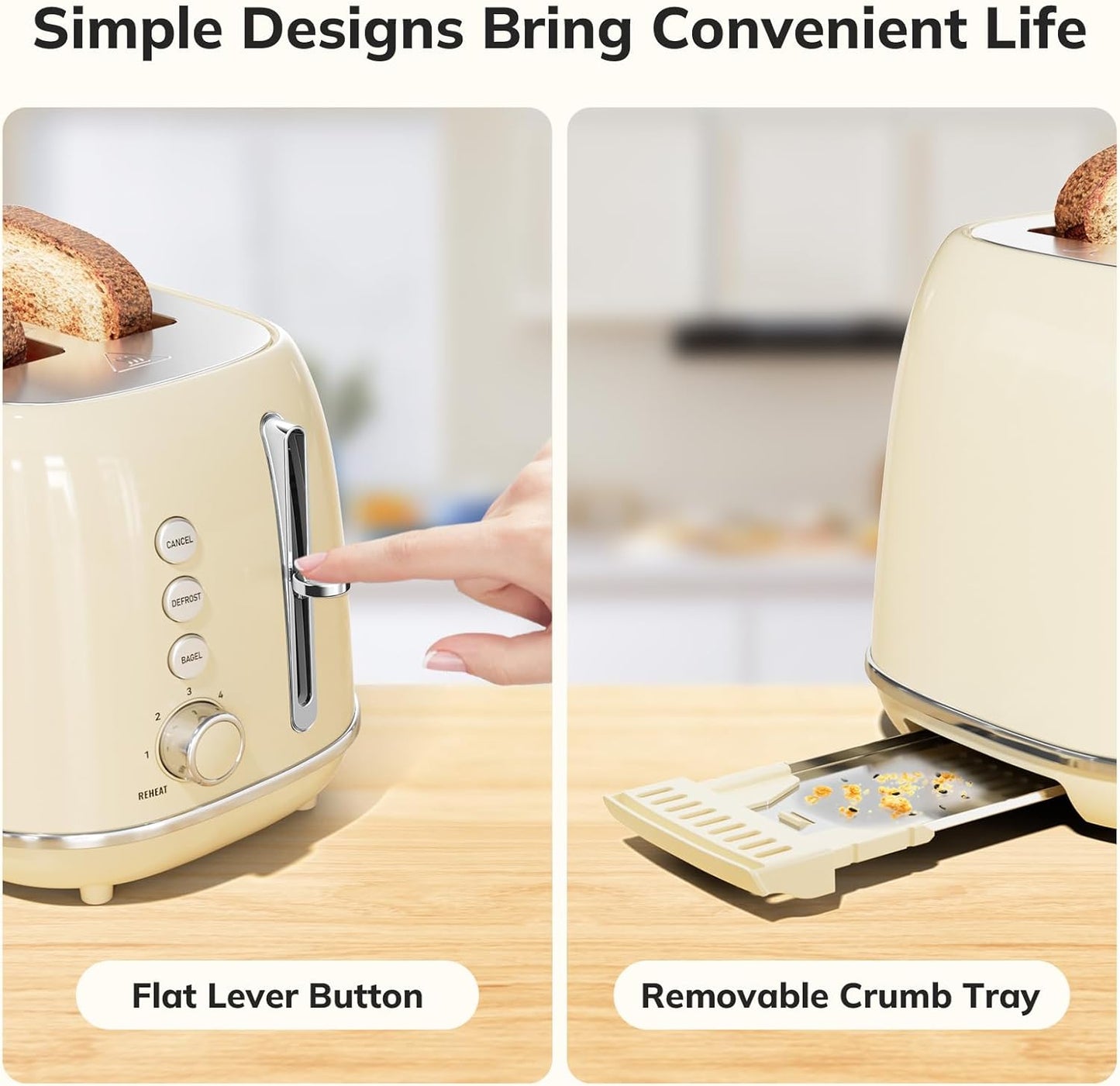 Toasters 2 Slice Retro Stainless Steel Toasters with Bagel, Cancel, Defrost Function and 6 Bread Shade Settings Bagel Toaster, Beige
