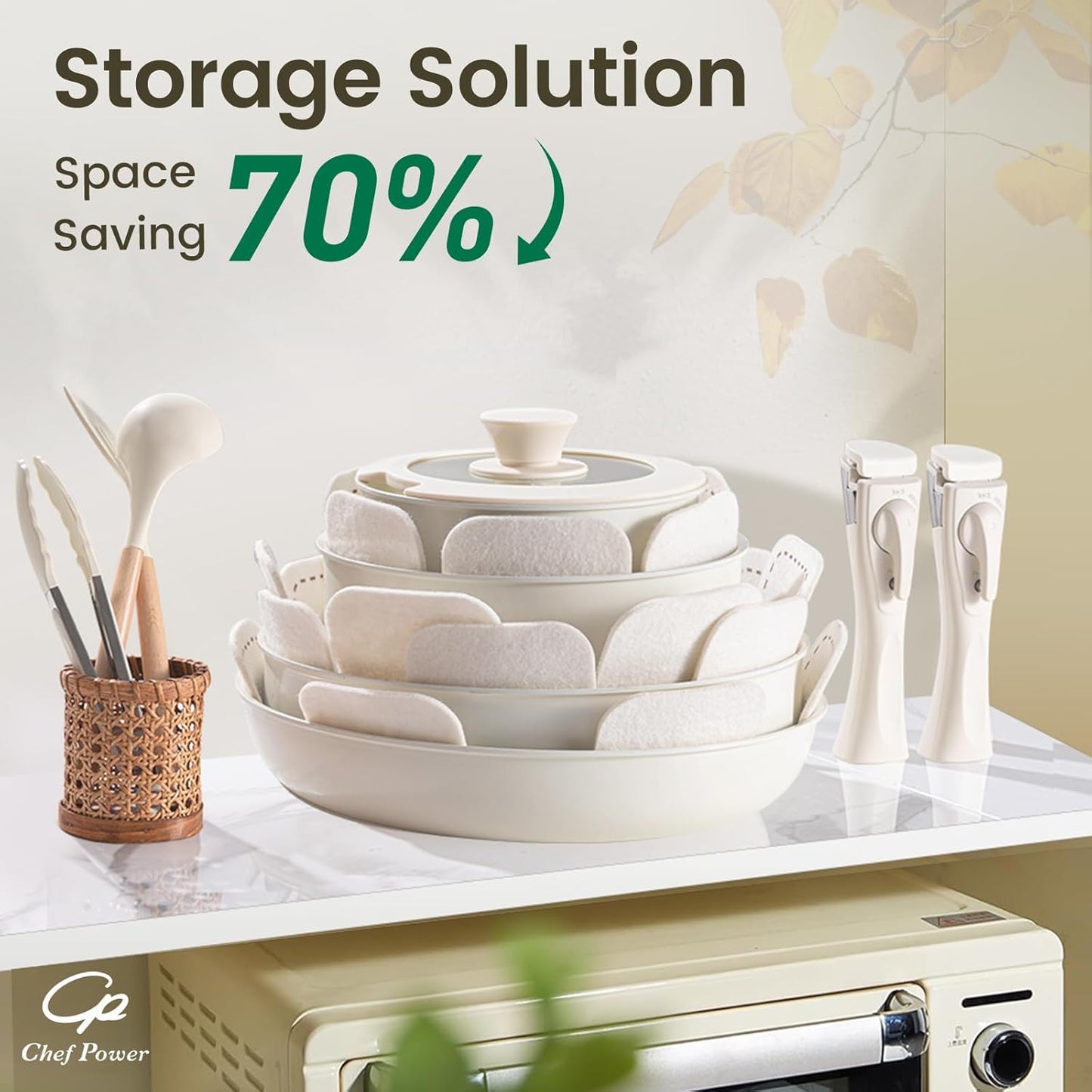 Chef Power Ceramic Nonstick Pots and Pans Set 19 Piece with Detachable Handle, Induction Dishwasher Oven Safe Cookware Set, RV Kitchen Set Removable Handle, Granite Grey and White