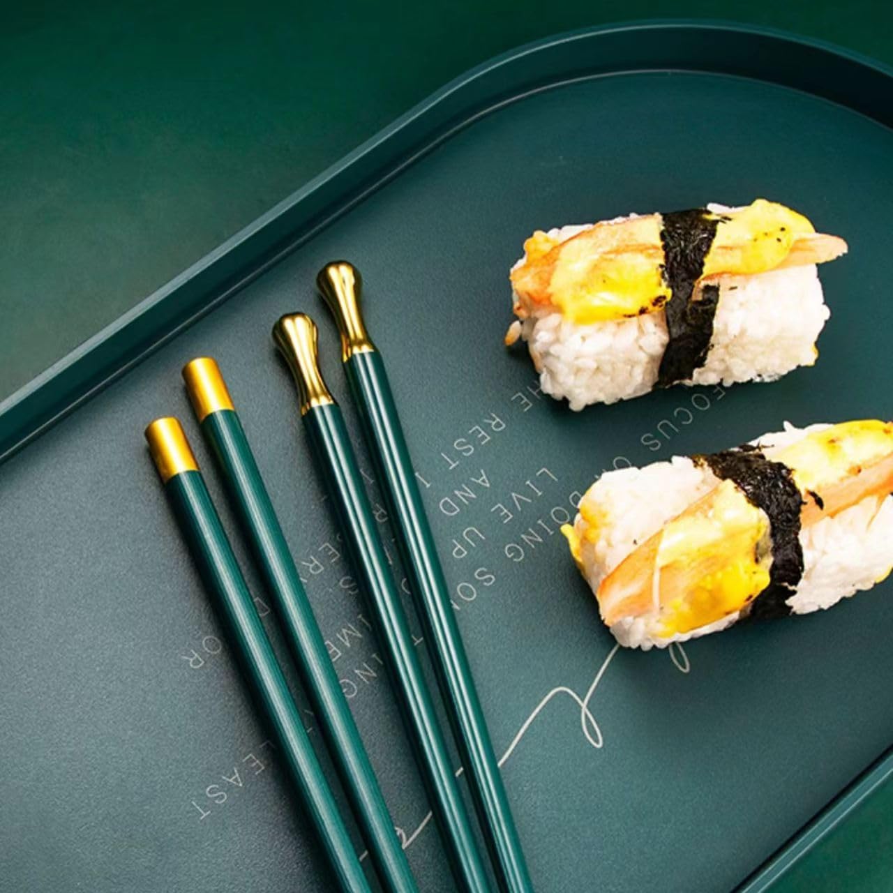 Random Mood Modern Design Chopsticks - Reusable, Dishwasher Safe, Non-Slip Fiberglass, Golden and Lucky Green Multi Style, 5 Pairs, 9.5in/24cm, Great for Chinese, Japanese, Korean Cuisine