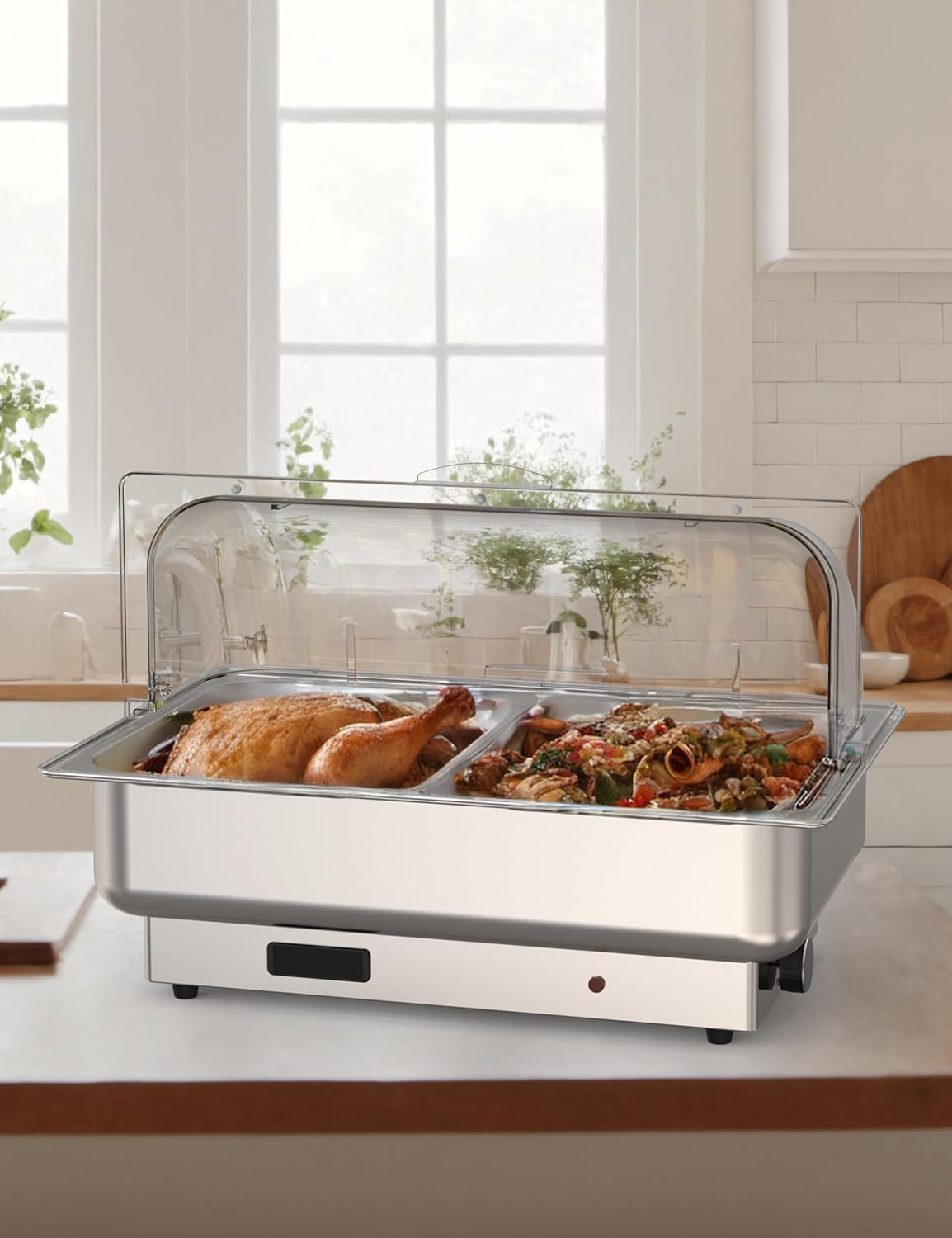 2 Pack Electric Chafing Dishes Adjustable Temp Roll Top Food Warmer with 2 x 4.5 QT Size Pans, Stainless Steel Buffet Servers and Warmers, Temp Display Food Warmer Transparent Lid Chafers for Parties