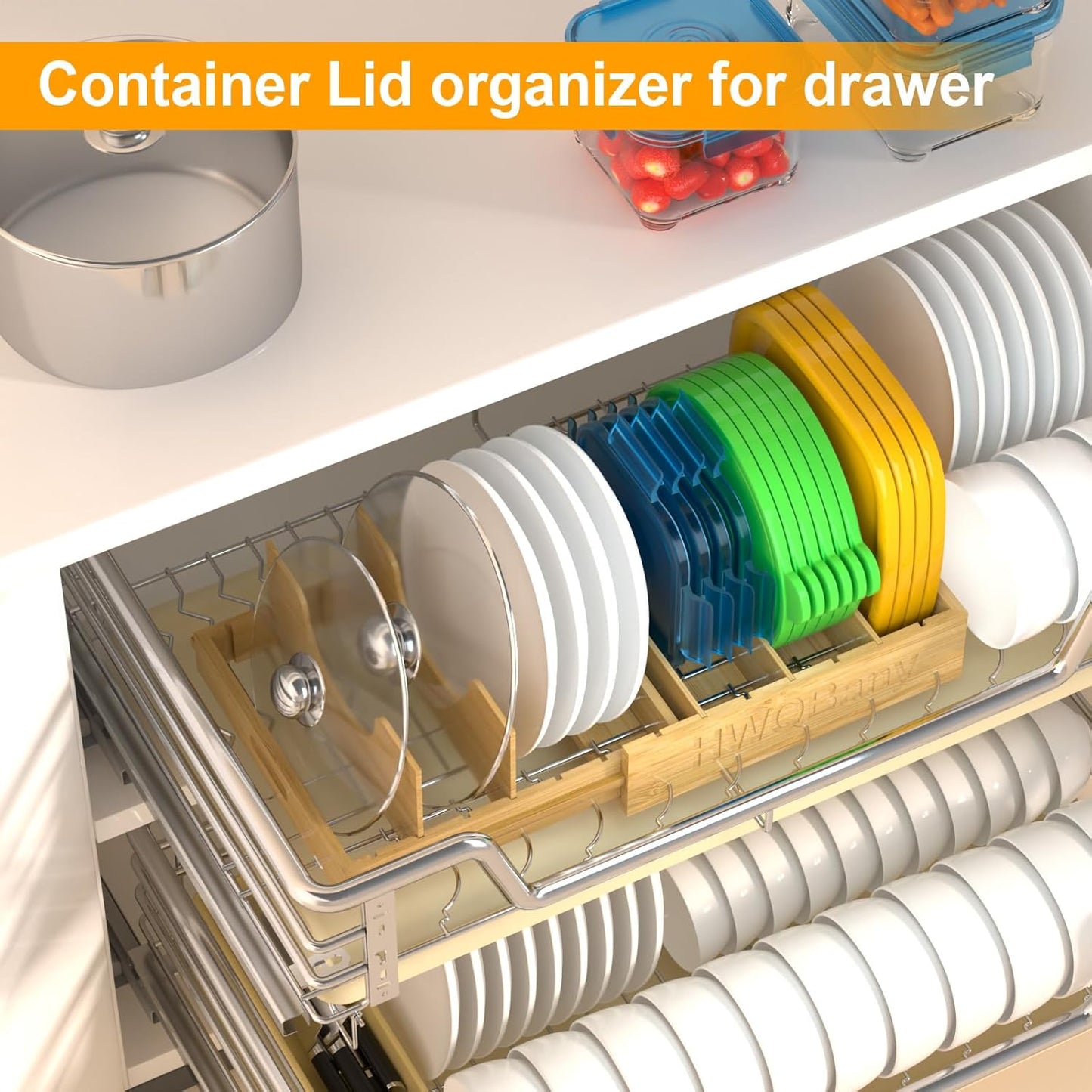 Pots and Pans Organizer, Bamboo Expandable Cutting Board Organizers, Adjustable Pot Lids Organizer for Cabinet with 5 Adjustable Dividers for Pots, Pans, Baking Sheets, Cutting Boards, Nature