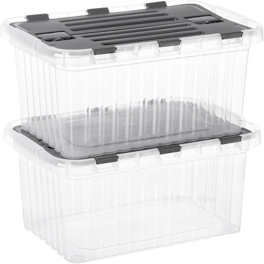 Superio Clear Storage Boxes with Attached Lids, Plastic Container Bins with Hinged Lids for Organizing, Stackable Crates, BPA Free, Non Toxic Organizers (2 Pack, 17"x11.65"x8.75")
