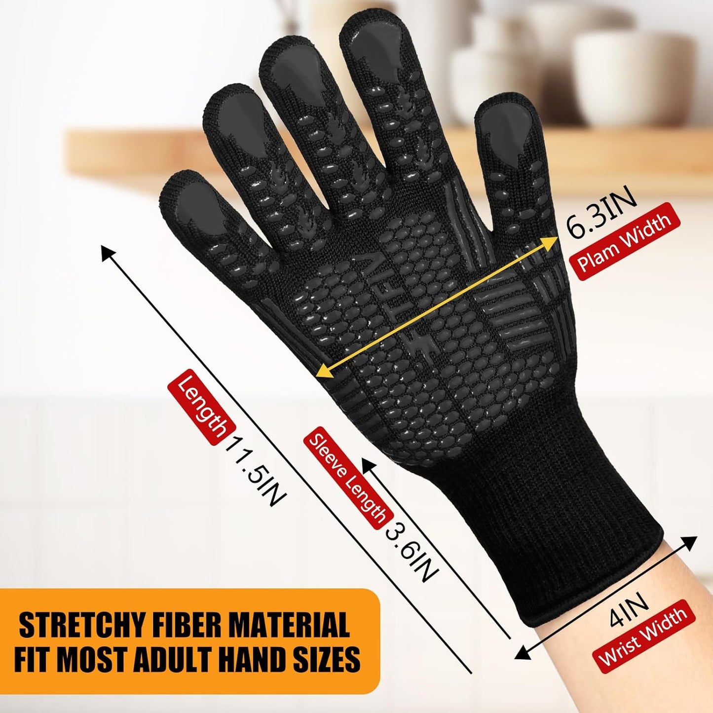 BBQ Gloves, Oven Gloves, 1472°F Extreme Heat Resistant Barbecue Gloves, Silicone Non-Slip Oven Mitts, Kitchen for Cooking, Grilling, and Baking (Black)