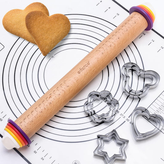 Wooden Rolling Pin with Thickness Rings and Pastry Baking Mat, Pizza, Cookie, Bread, Pie Crusts,Roller Rod for Dough Thickness, 13.6" with 4 Multicolored Thickness Rings&Cookie Molds