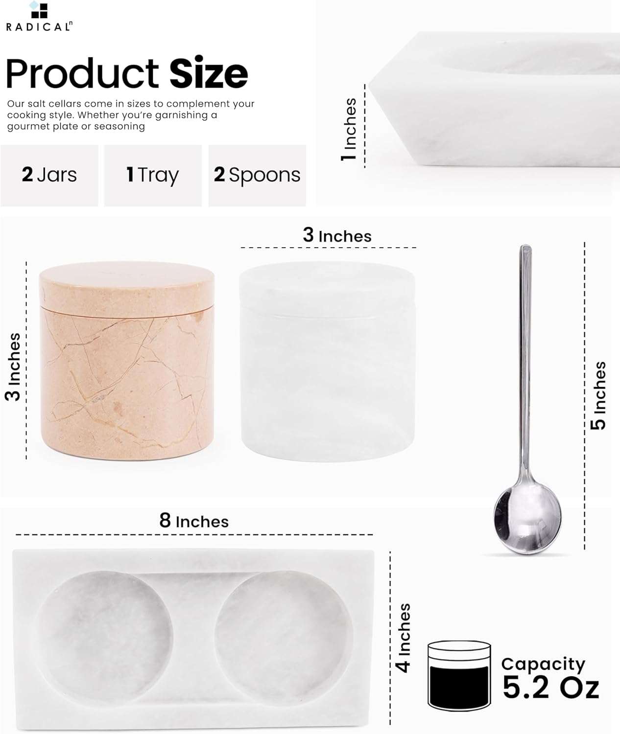 Radicaln Marble Salt Cellar With Lid and Tray 3" Inch White and Verona Set of 2 Salt Bowl & Spice Storage Container for Kitchen countertop, Ideal Sugar Bowl
