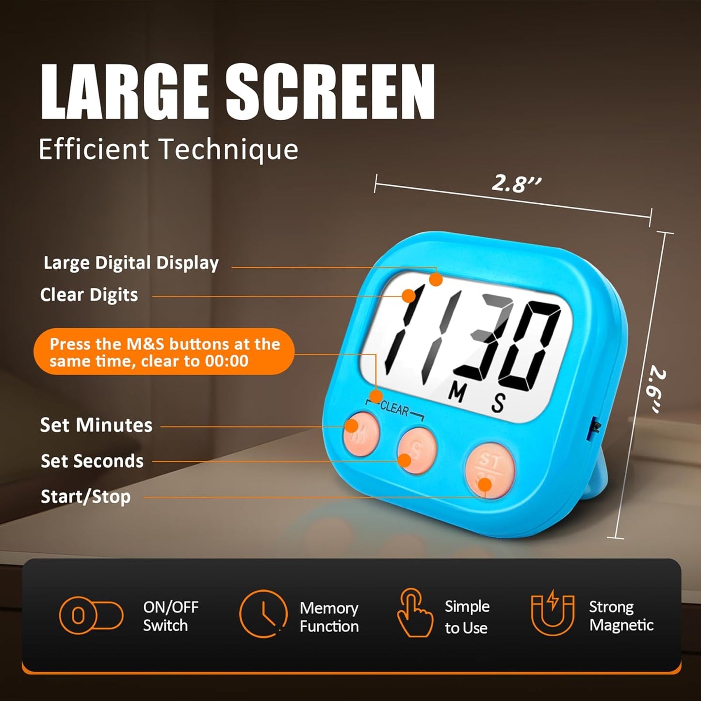 2 Pack Kitchen Timers Loud Ring Digital Timers for Cooking Magnetic Blue