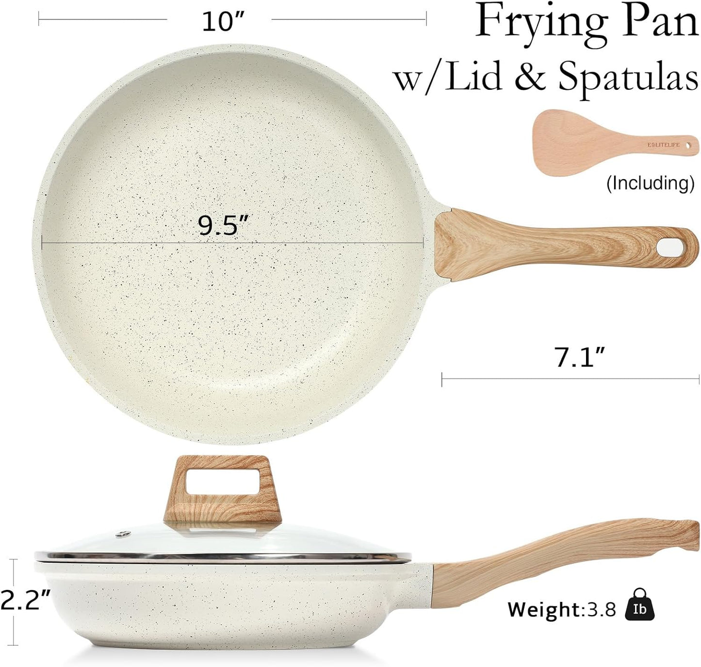 ESLITE LIFE Nonstick Ceramic Frying Pan Skillet with Lid, Non-Toxic Egg Omelette Kitchen Cooking Pans Compatible with All Stovetops (Gas, Electric & Induction), PTFE & PFOA Free (White, 9.5" w/Lid)