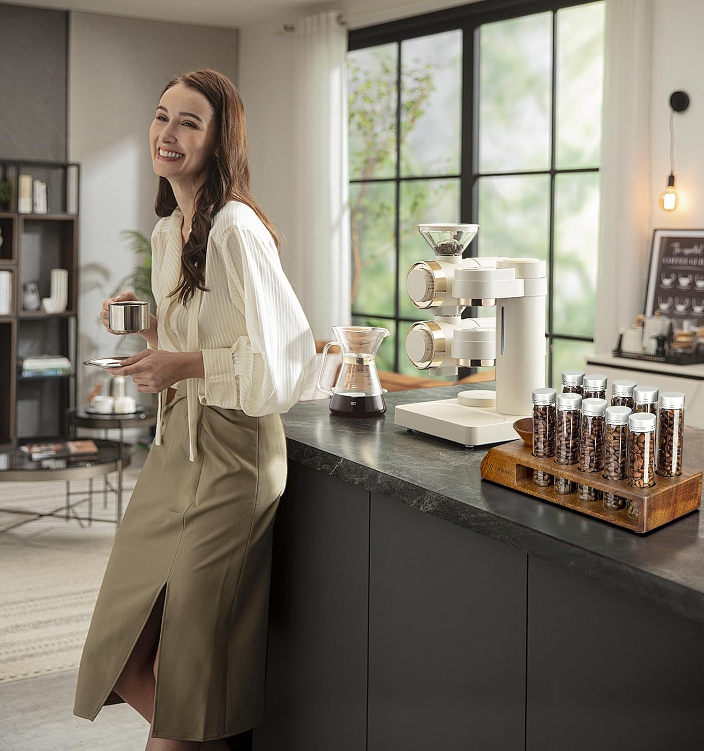 Single Dose Coffee Bean Storage Tubes 12 Pcs Coffee Bean Cellar Container Dosing Glass Vials,2oz Glass Jars With Lids, 2 Layers Sapele Display Stand And Wooden Funnel(Large)