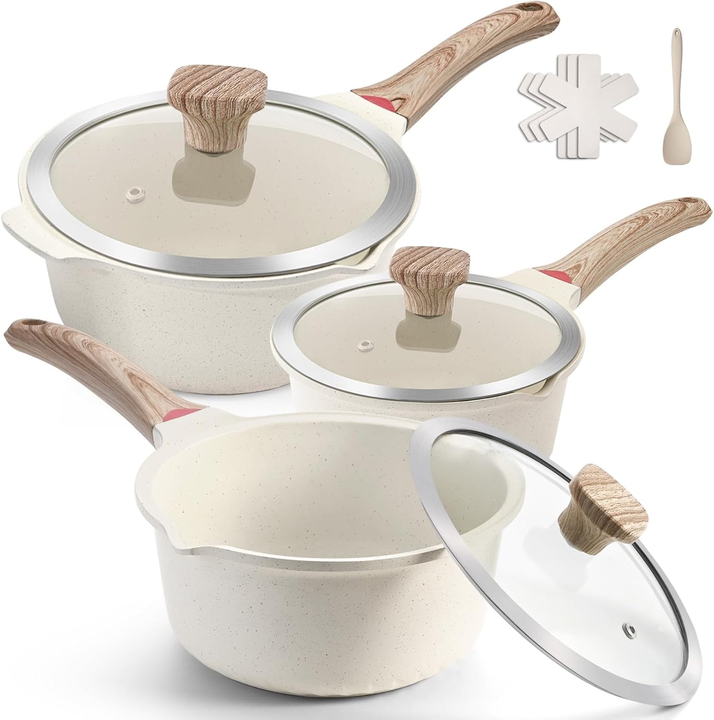 VINCHEF Sauce Pan Set with Lid 10PCS, 3 White Non Stick Cooking Pots Induction pot sets, Saucepan Set with Silicone Tools and Pot Protectors, PFAS and PFOA Free (2QT+3QT+4QT)