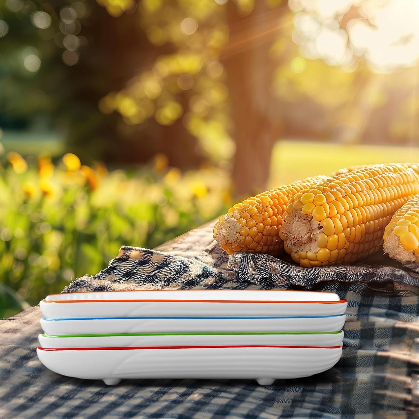 Cinf Colorful Side Ceramic Corn Cob Holders 8.8" Corn Dishes Set of 4, White Dishes Non-slip Bottom Microwave Dishwasher Oven Safe