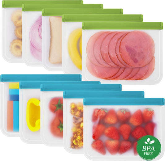 Reusable Freezer Bags - 10 Pack Sandwich Bags BPA Free, Leakproof, Extra Thick | Food Storage Bags for Freezer, Meal Prep, Travel, Kitchen, Salad & Marinate