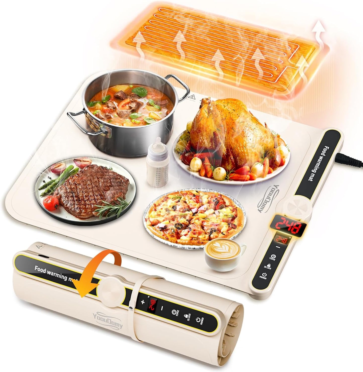 Silicone Warming Mat for Food - Electric Warming Trays for Food with 9 Temperature Settings and 6 Hours Timer, Heating Pad for Food Warming with Full Surface Heating for Buffet Parties(Beige)