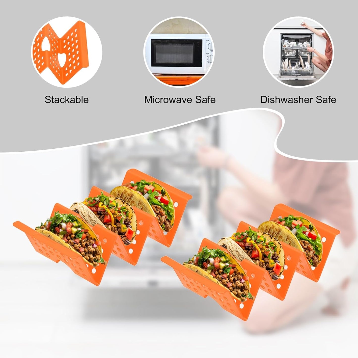 uxcell 8 Pcs Taco Holder Stand, Plastic Taco Plates Hold Up to 3 Tacos, Hollow Carved Taco Shell Holder, Dishwasher Microwave Safe, Orange