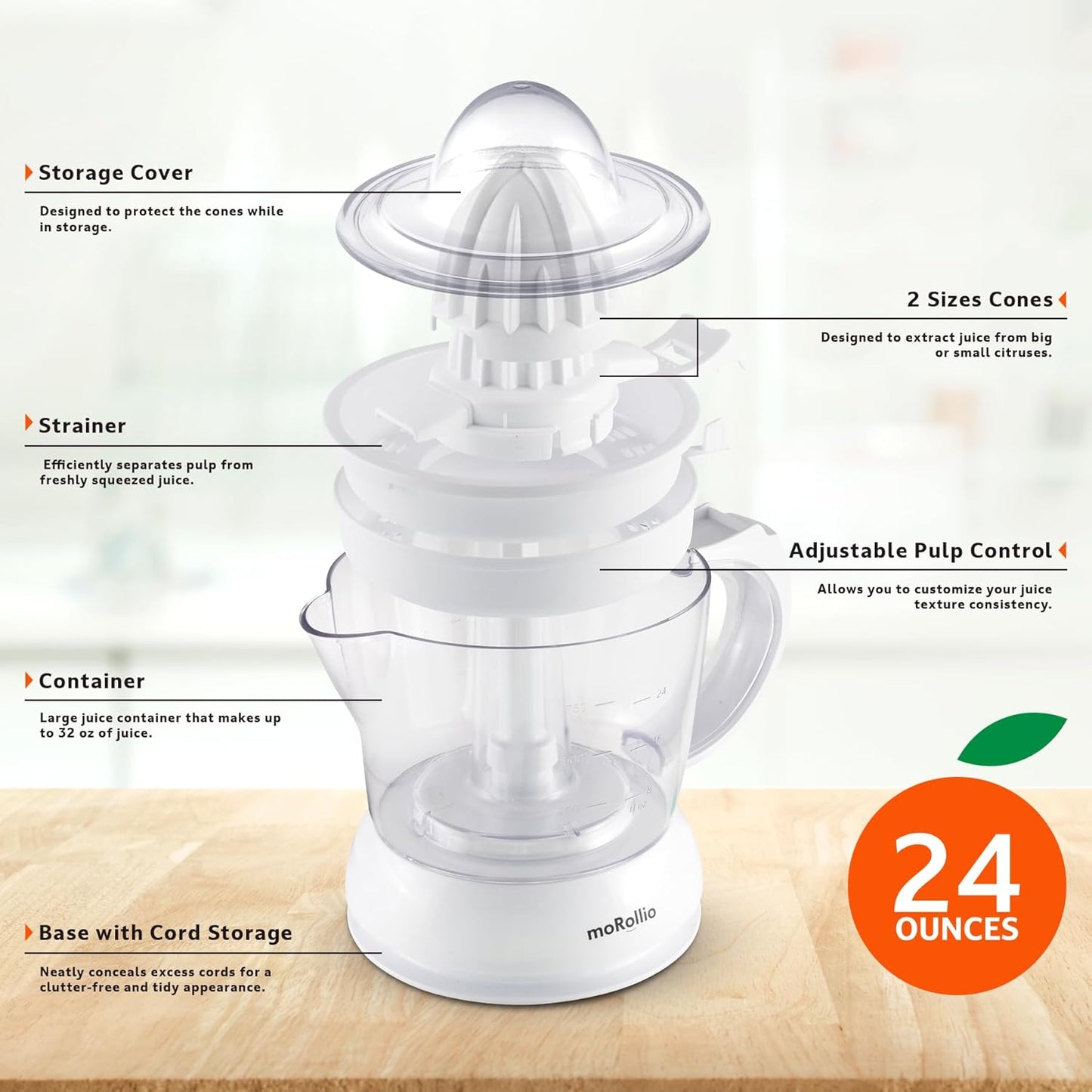 Electric Citrus Juicer, Compact Space-Saving Orange Juicer, 24oz | Adjustable Pulp Control, for Oranges, Grapefruits, Lemons and Limes