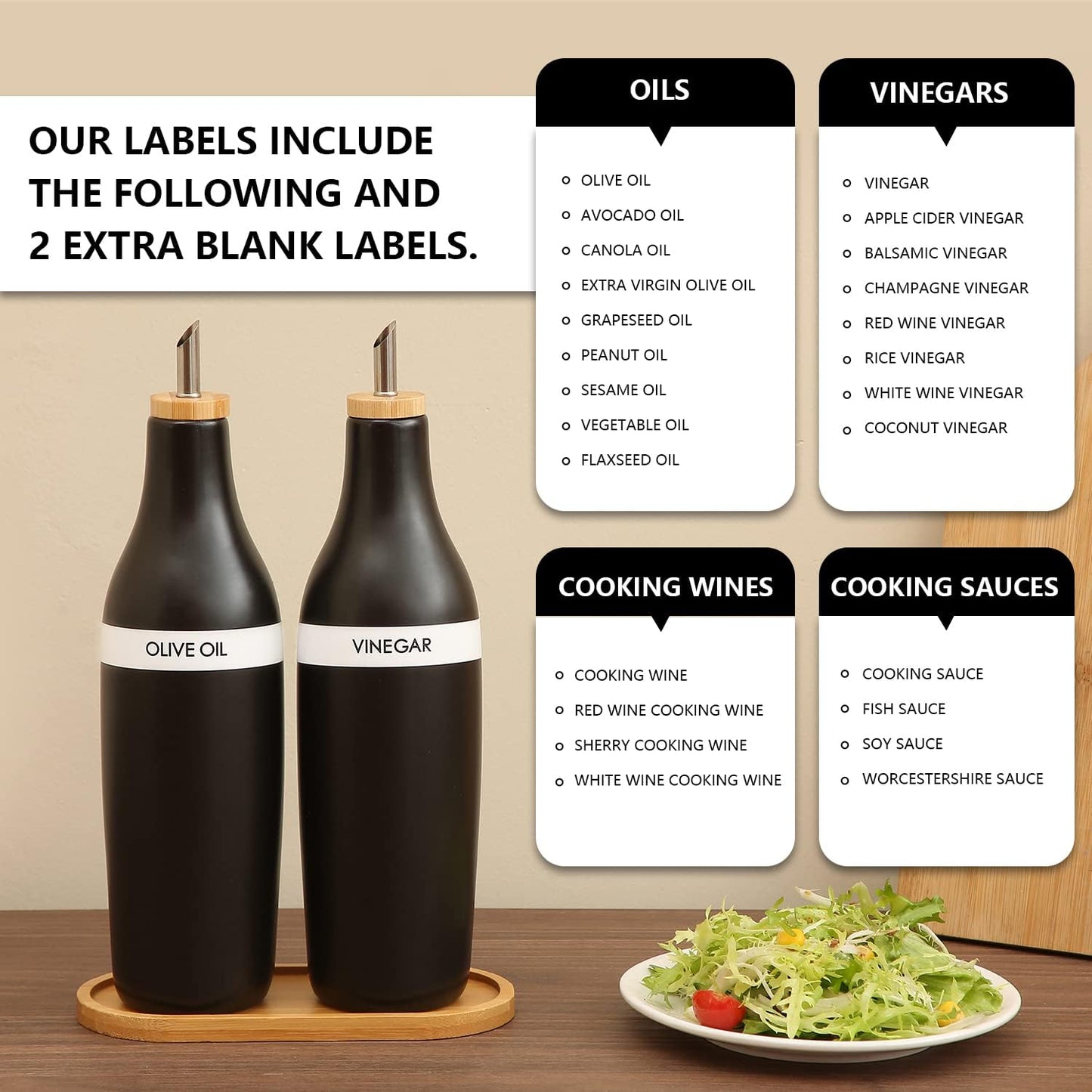 HOMCDALY Olive Oil and Vinegar Dispenser Set, Two 16oz Ceramic Oil Dispenser for Kitchen, Kitchen Dispenser Bottle for EVOO Vinegar Syrups, Modern Farmhouse Design| Set of 2 – Black