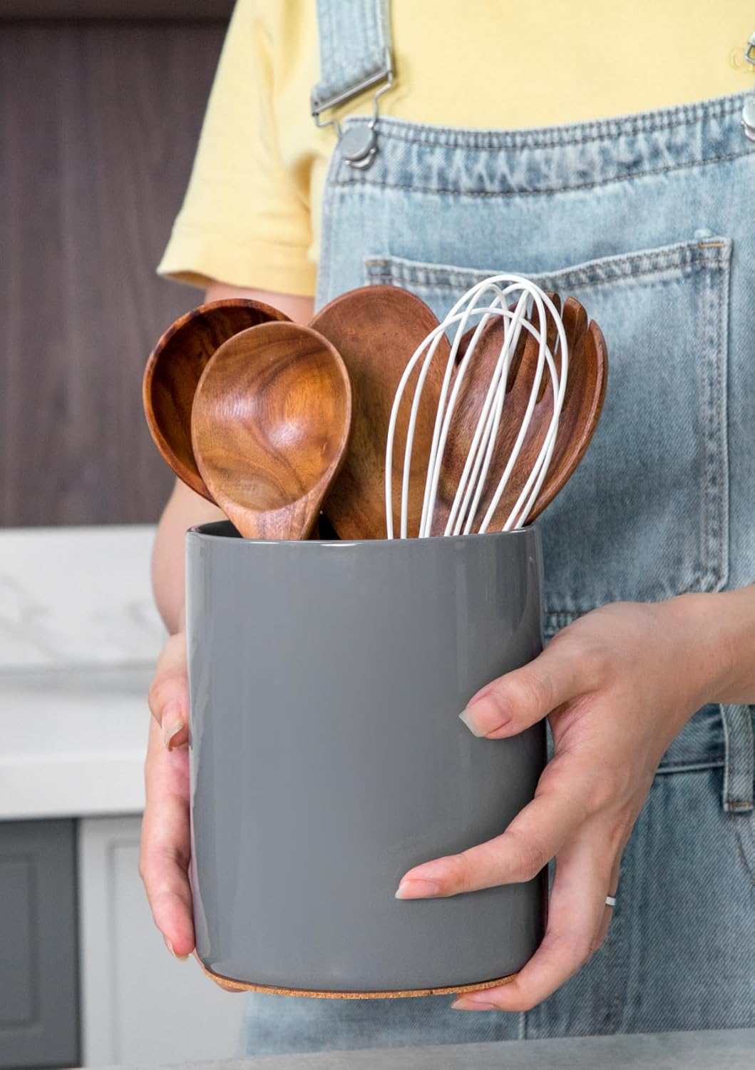 Nucookery Utensil Holder, 6.4" Ceramic Kitchen Utensil Holder for Countertop with Protection Cork Bottom, Vintage Farmhouse Kitchen Decor for Counter (Gray)
