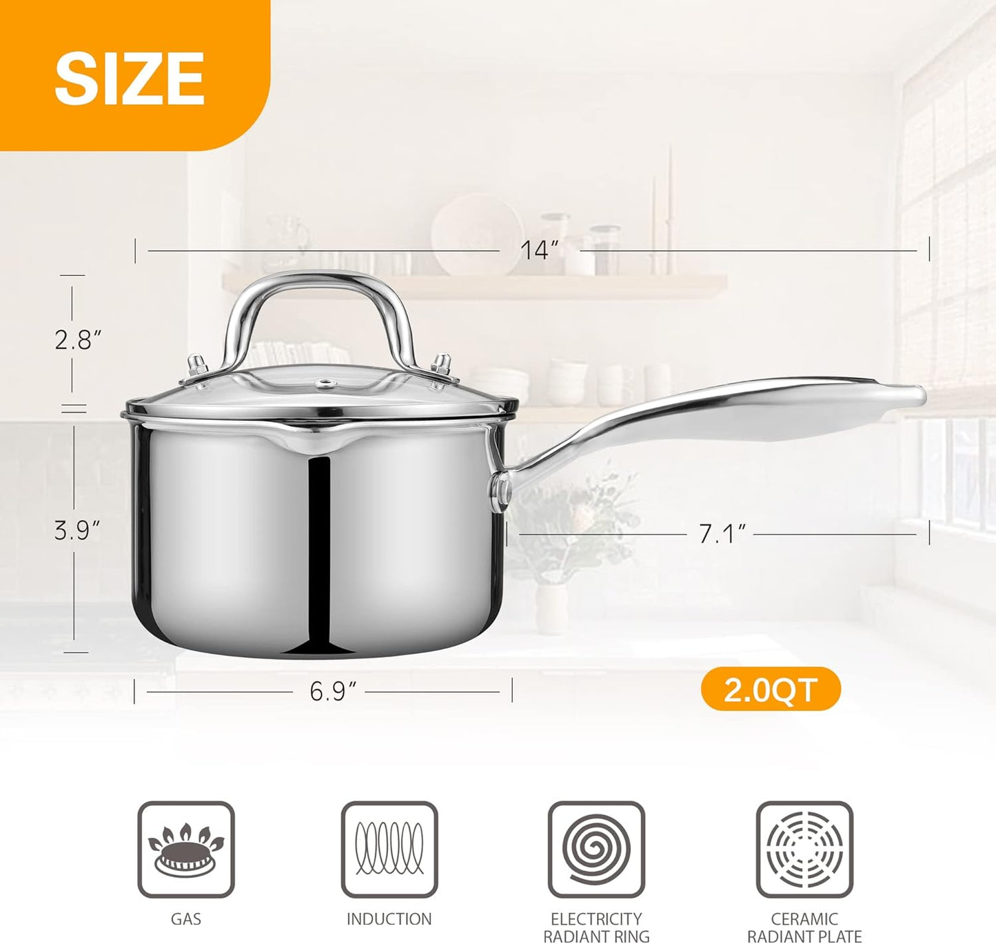 Stainless Steel Saucepan with Glass Lid, 2.0 Quart Multipurpose Sauce Pan, Sauce Pot with for Easy Pour with Ergonomic Handle